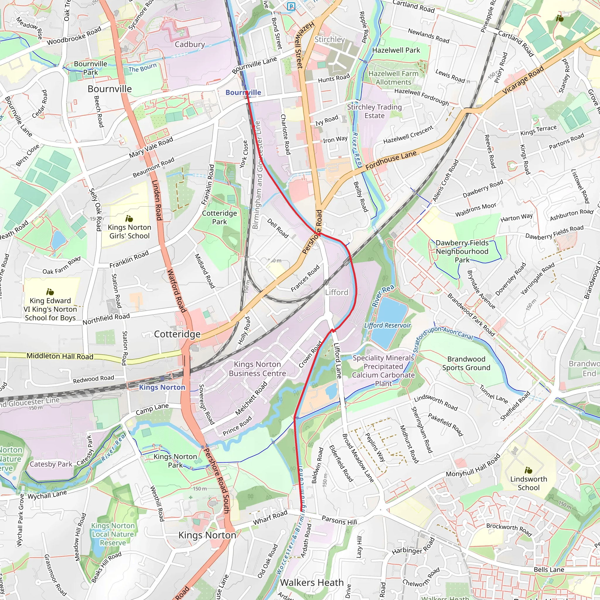 Worcester and Birmingham Canal Walk from Bournville mobile static map
