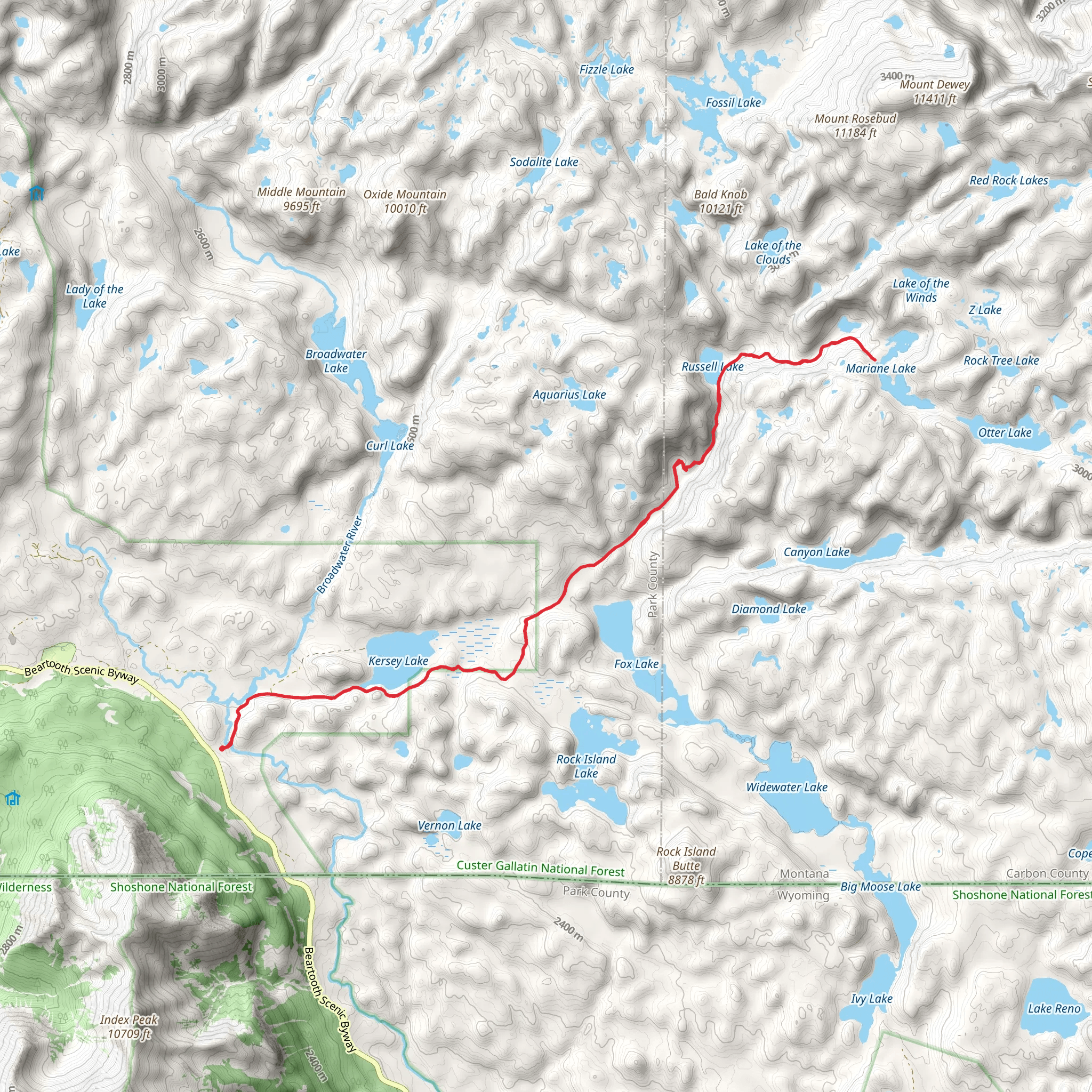 Mariane Lake, Russell Lake and Kersey Lake via Russell Creek Trail mobile static map