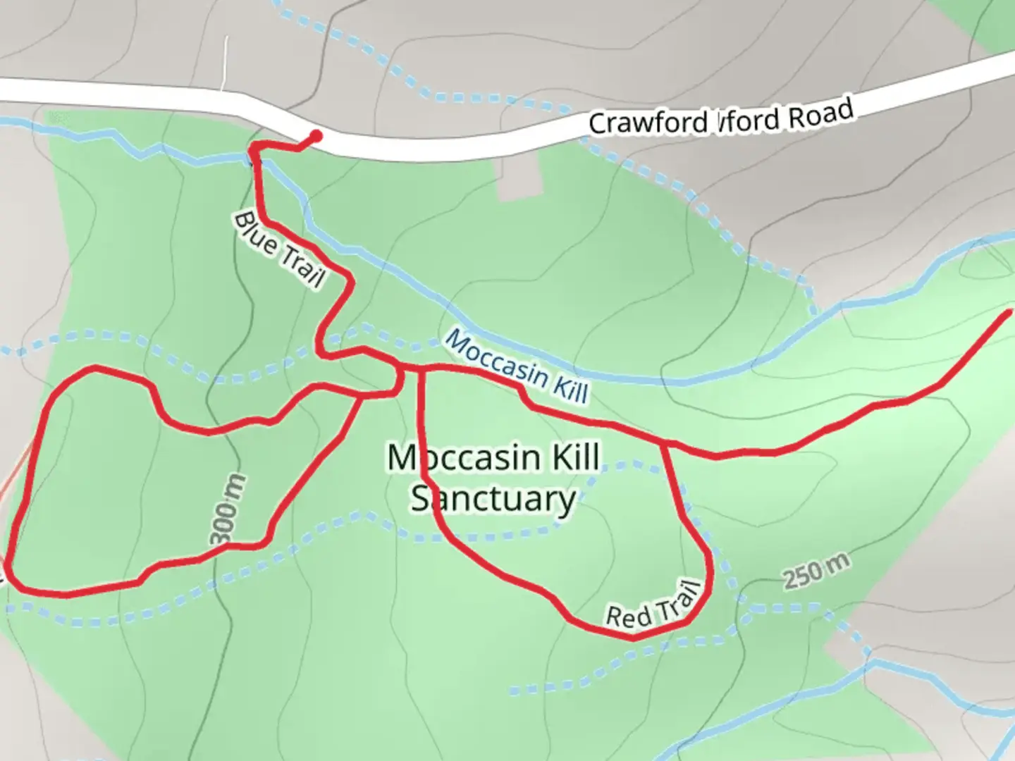 An image depicting the trail Moccasin Kill Sanctuary Loop and its surrounding area.