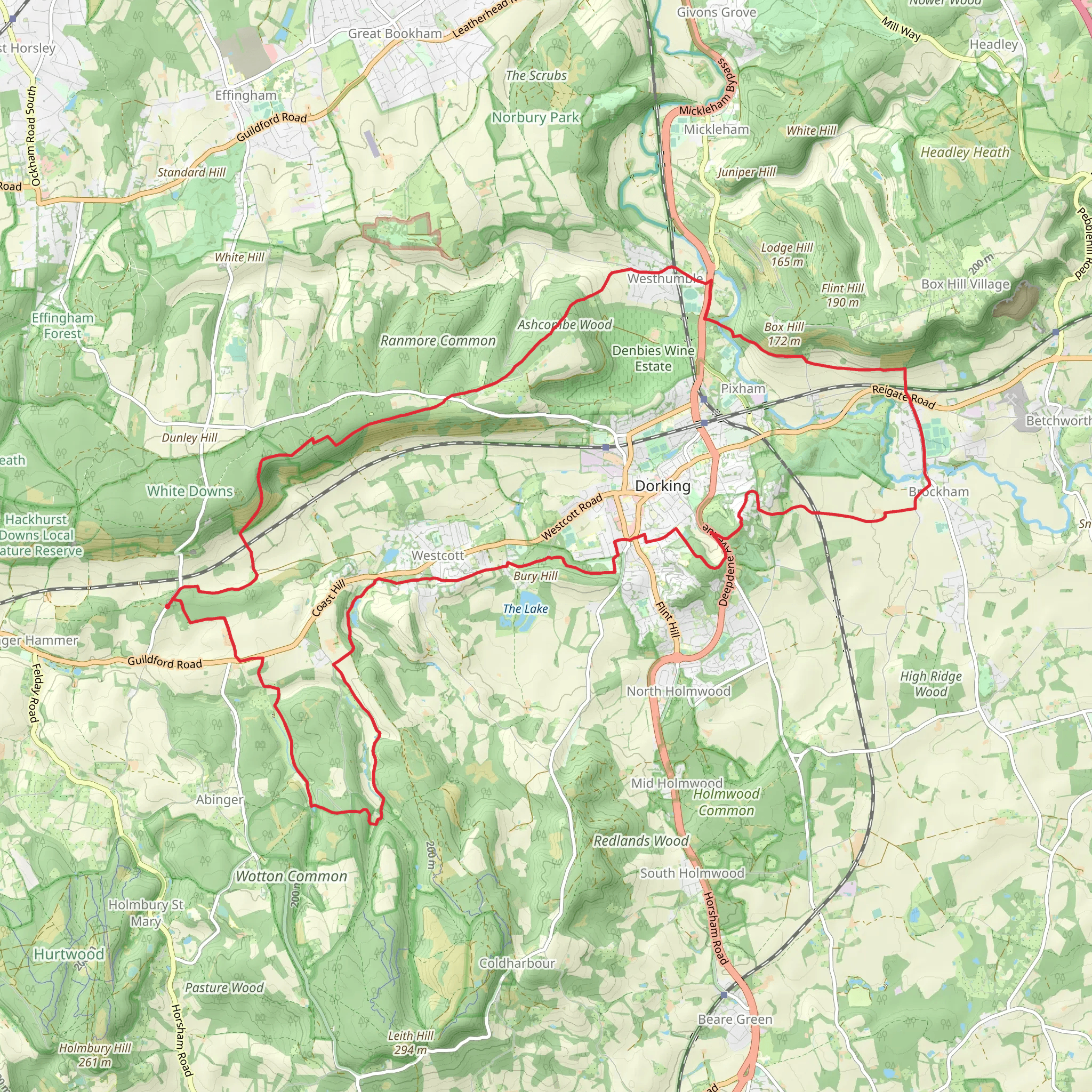 Westhumble, Brockham and Westcott Loop via Deerleap Wood mobile static map