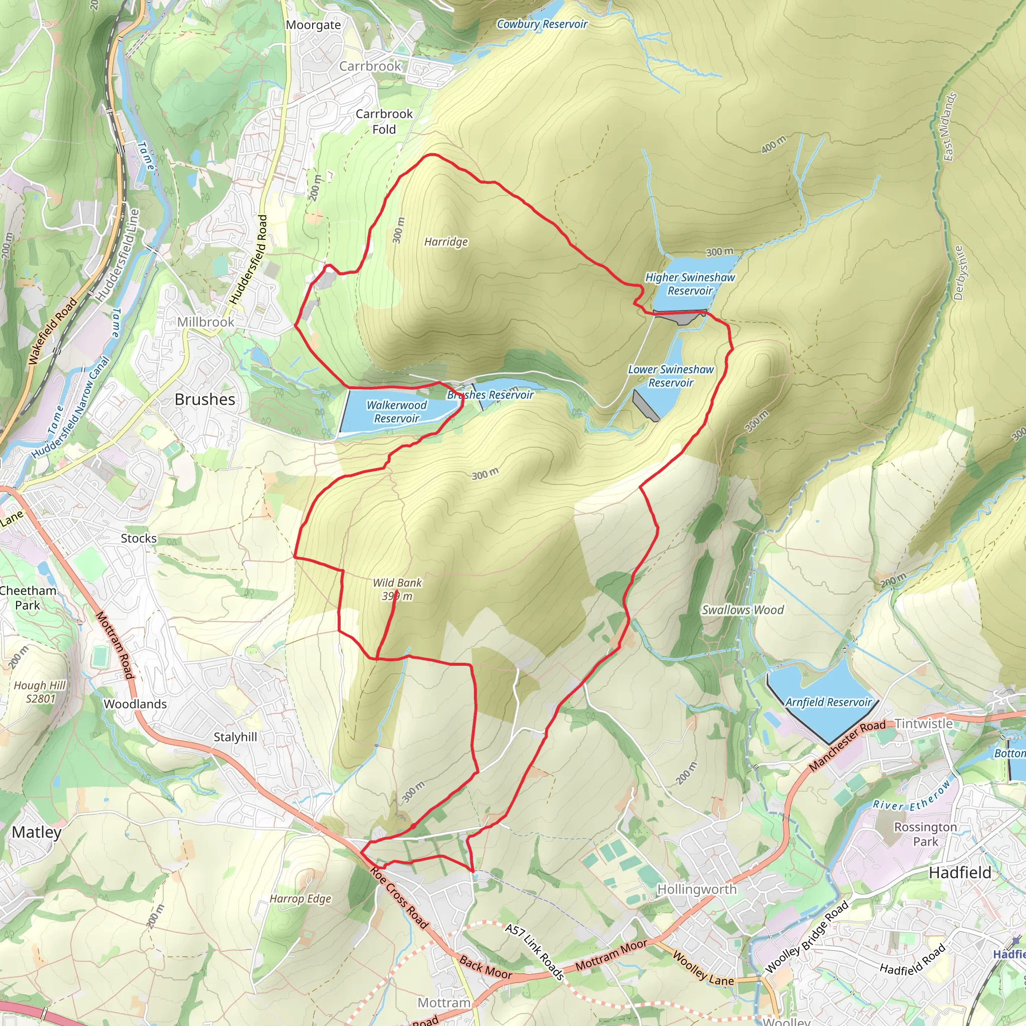 Wild Bank Hill, Walkerwood Reservoir and Higher Swineshaw Reservoir Loop mobile static map