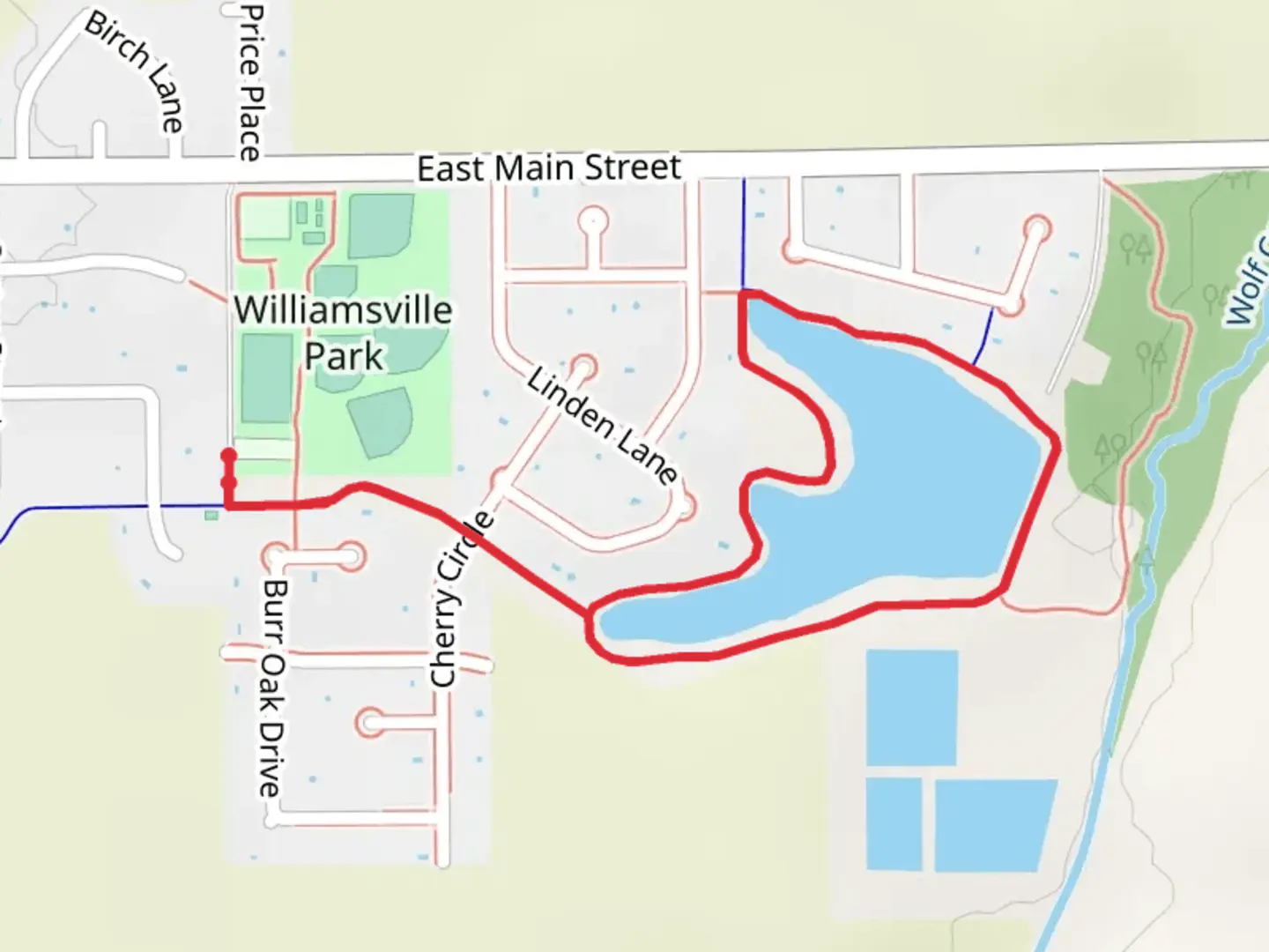 An image depicting the trail Williamsville Park Pond Loop and its surrounding area.