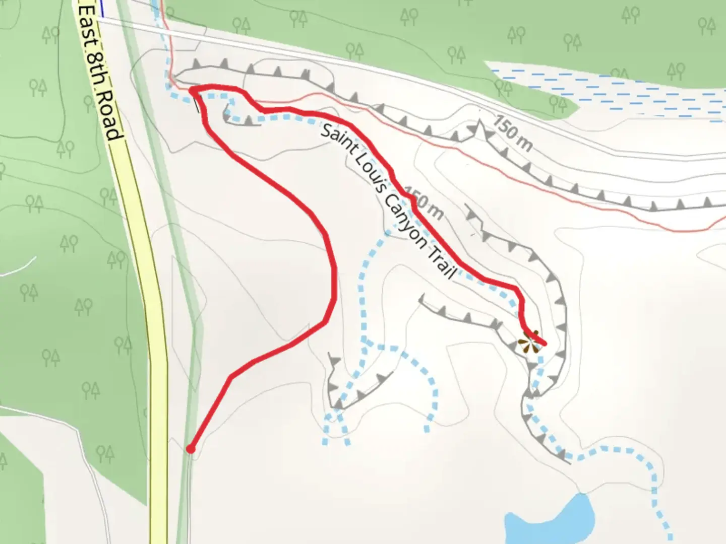 An image depicting the trail Saint Louis Canyon Trail from East 8th Road and its surrounding area.