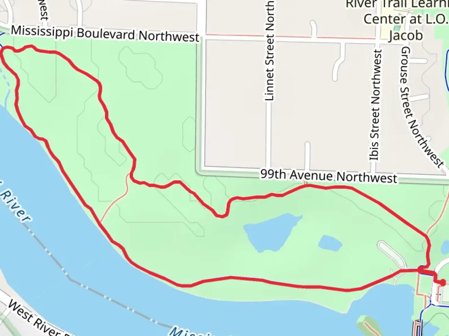 An image depicting the trail Mississippi River View Loop and its surrounding area.