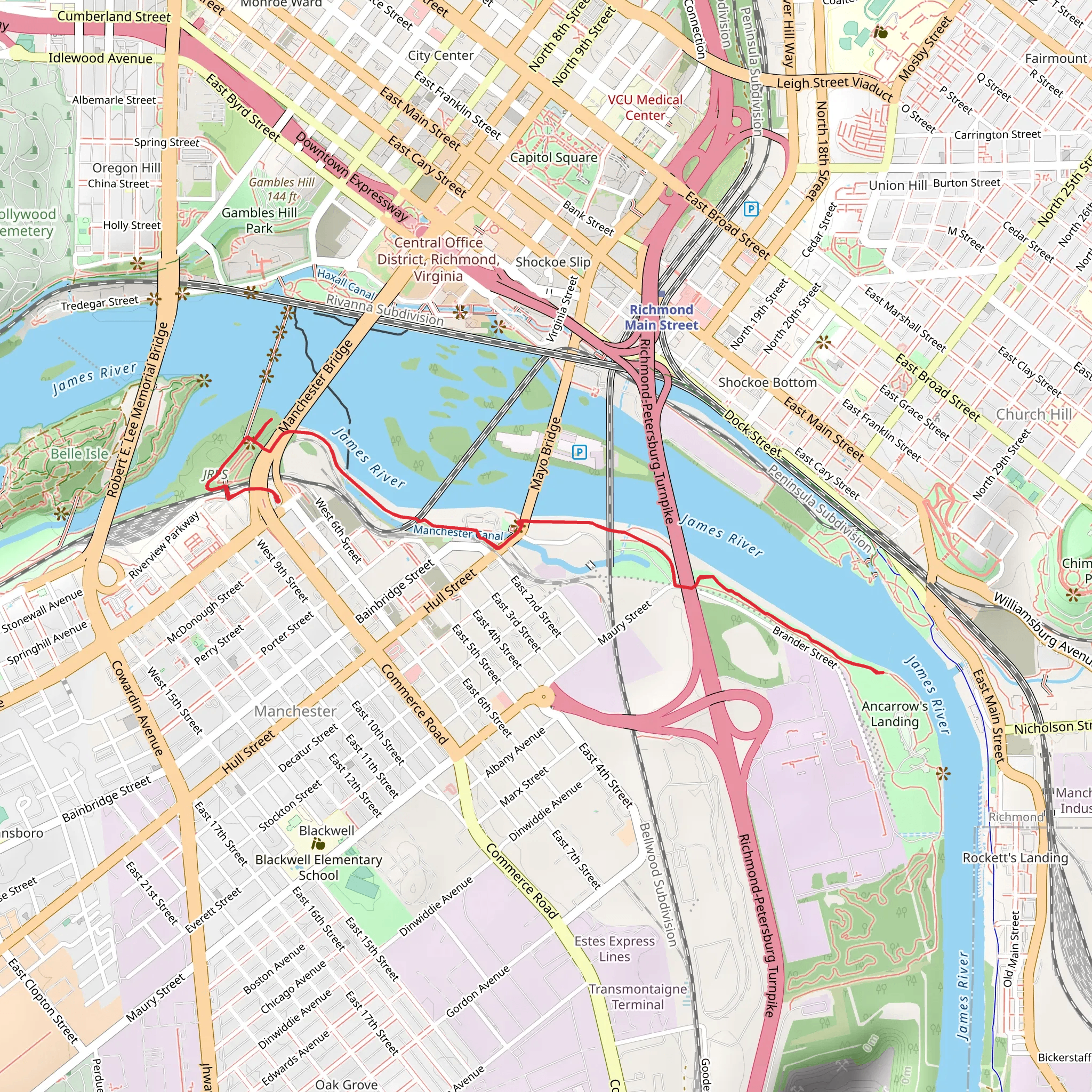 Old Manchester Bridge Path and Richmond Slave Trail mobile static map