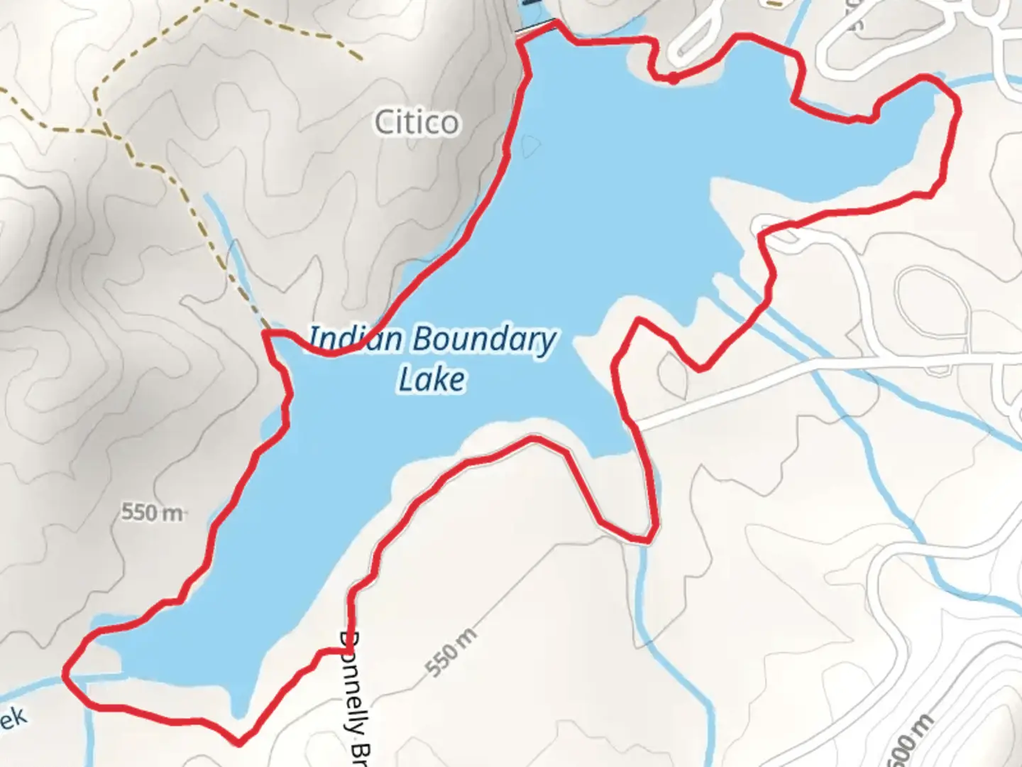 An image depicting the trail Indian Boundary Lake Loop via Donnelly Branch Road and its surrounding area.