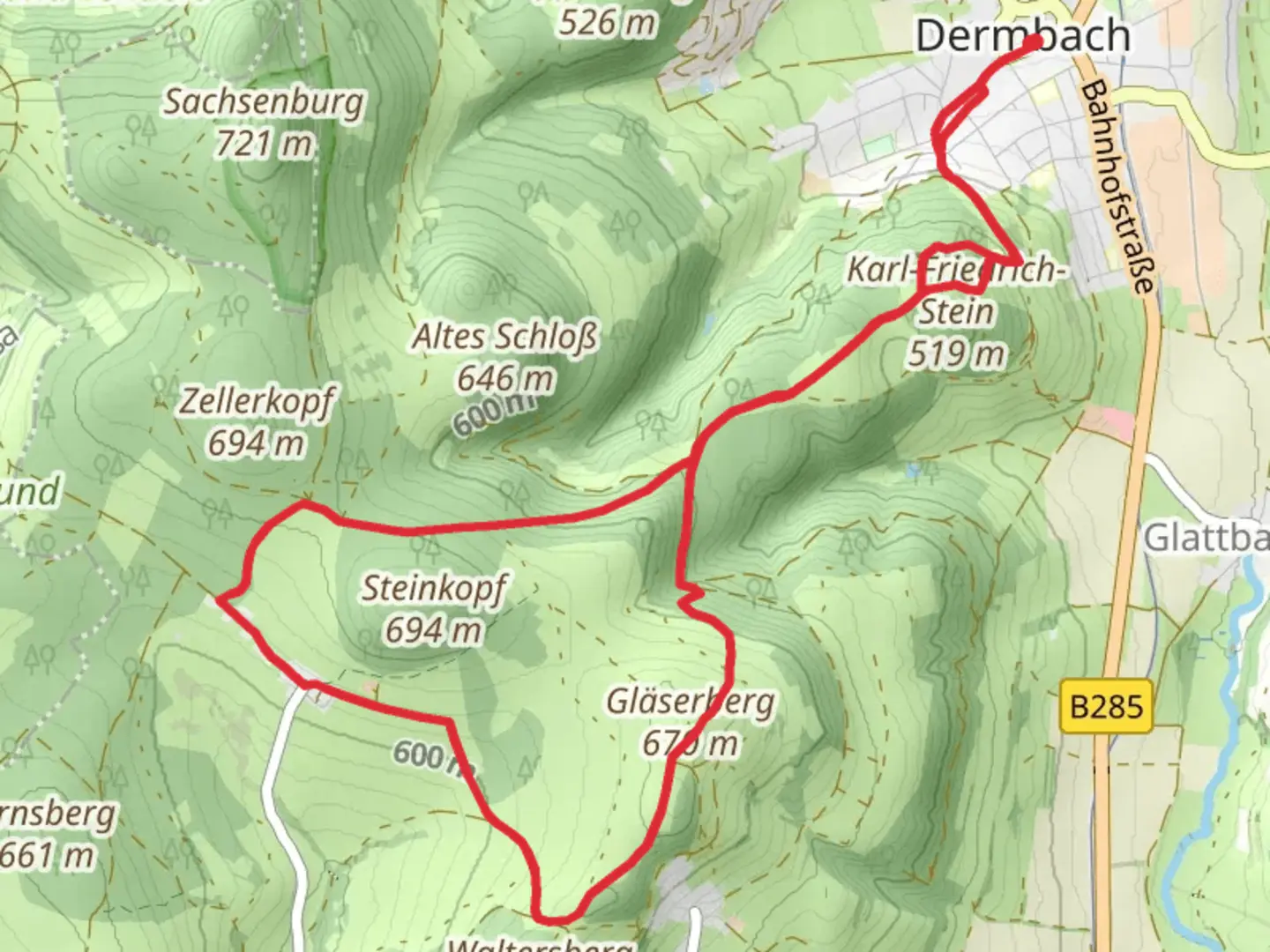 An image depicting the trail Feldatal Rundweg and Hochrhoener and its surrounding area.