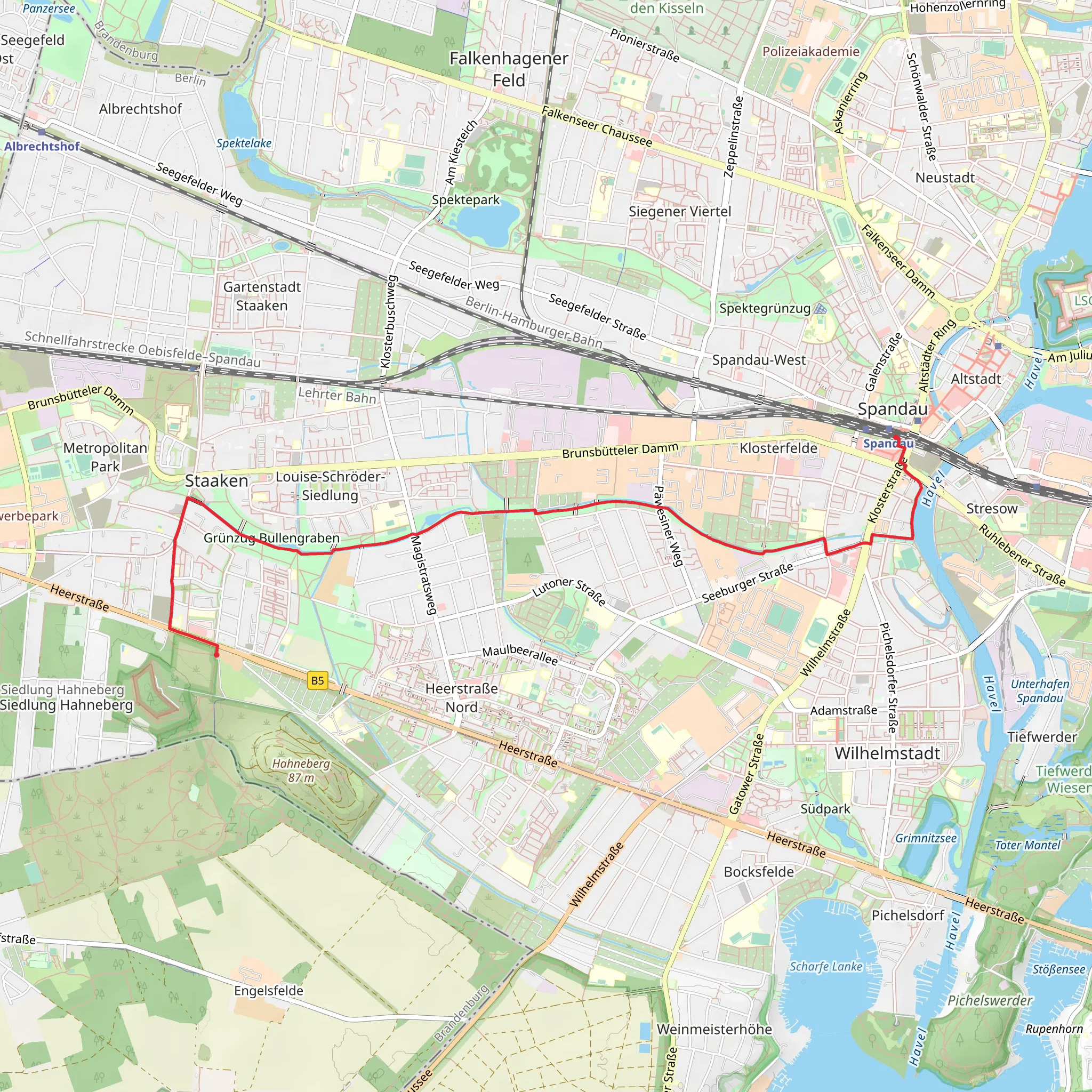Fort Hahneberg to Spandau via Bullengrabenweg mobile static map