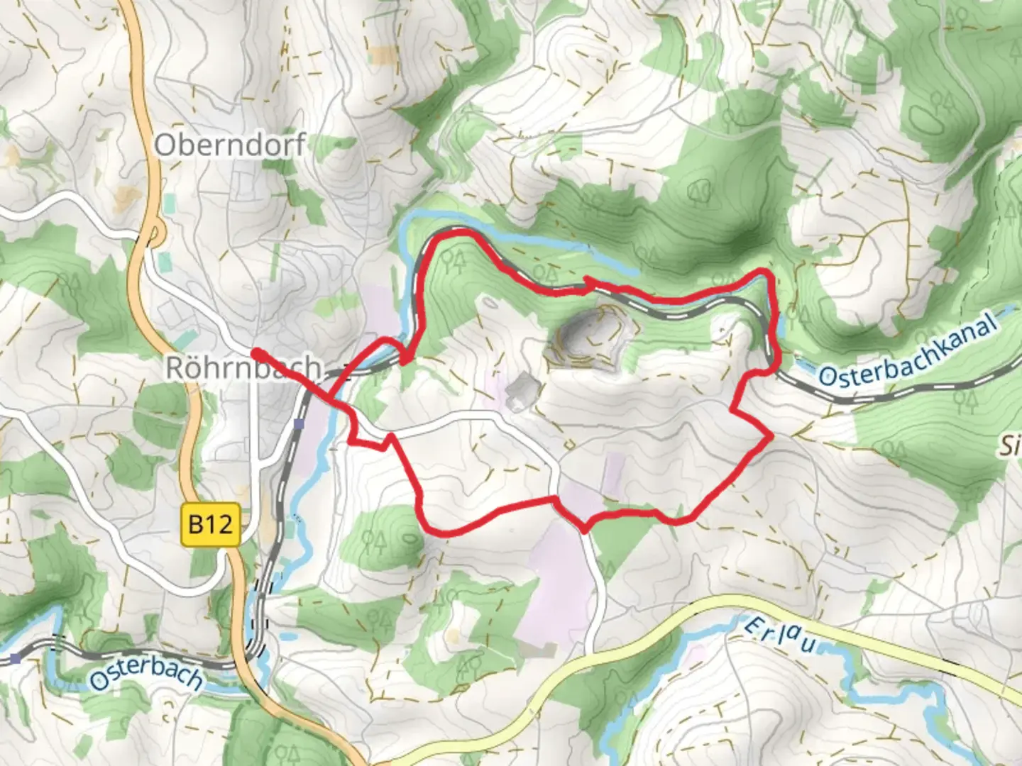 An image depicting the trail Unterer Goldener Steig and Muehlen bei Roehrnbach and its surrounding area.