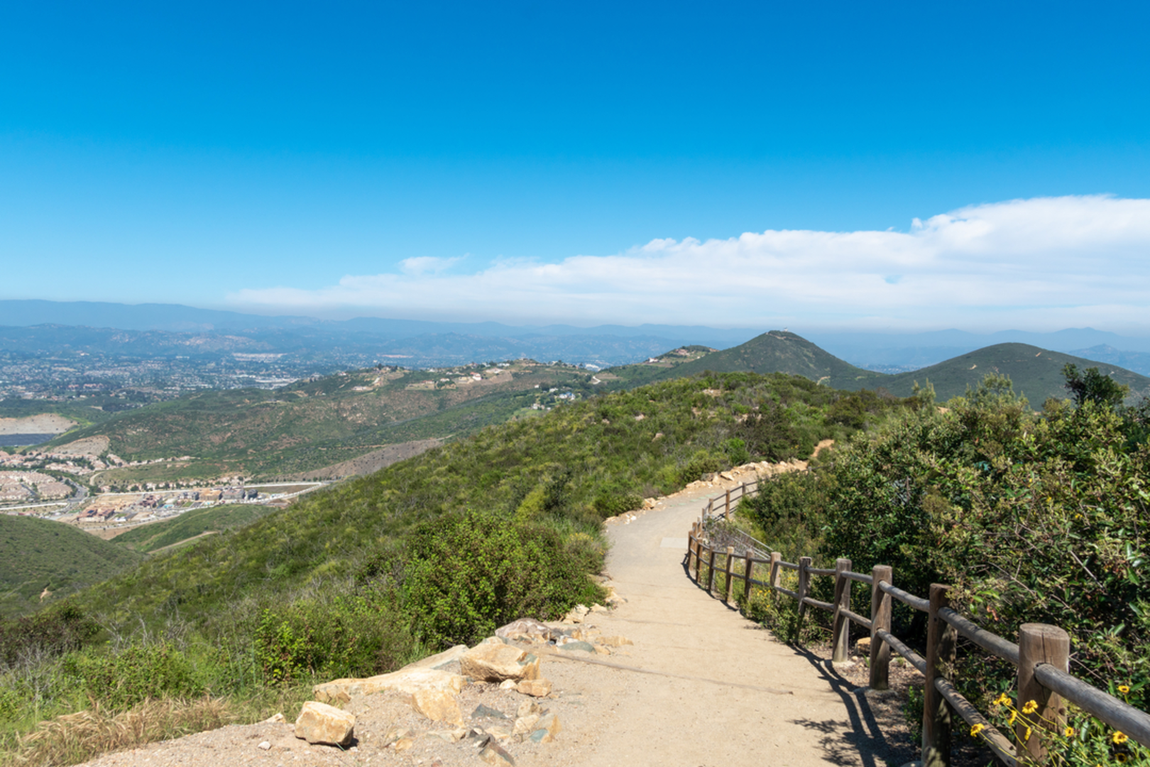 An image depicting the trail Cerro De Las Posas Ridgeline Trail and Double Peak Loop - Discovery Lake and its surrounding area.