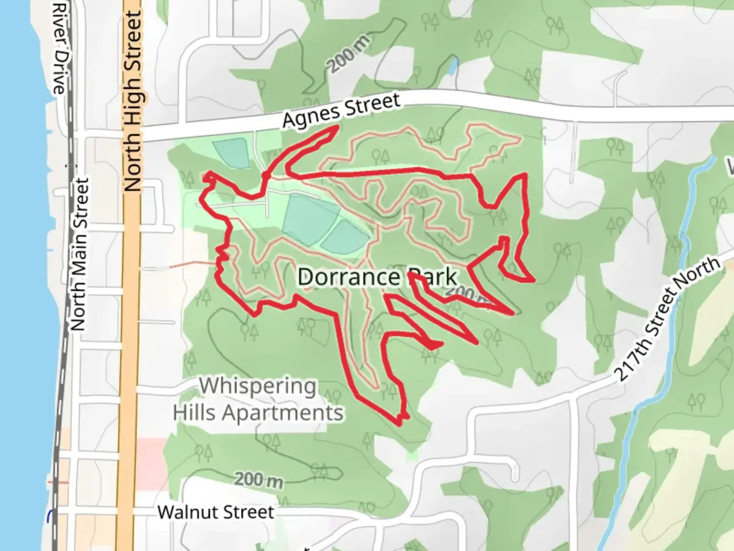 An image depicting the trail Dorrance Park Long Loop and its surrounding area.