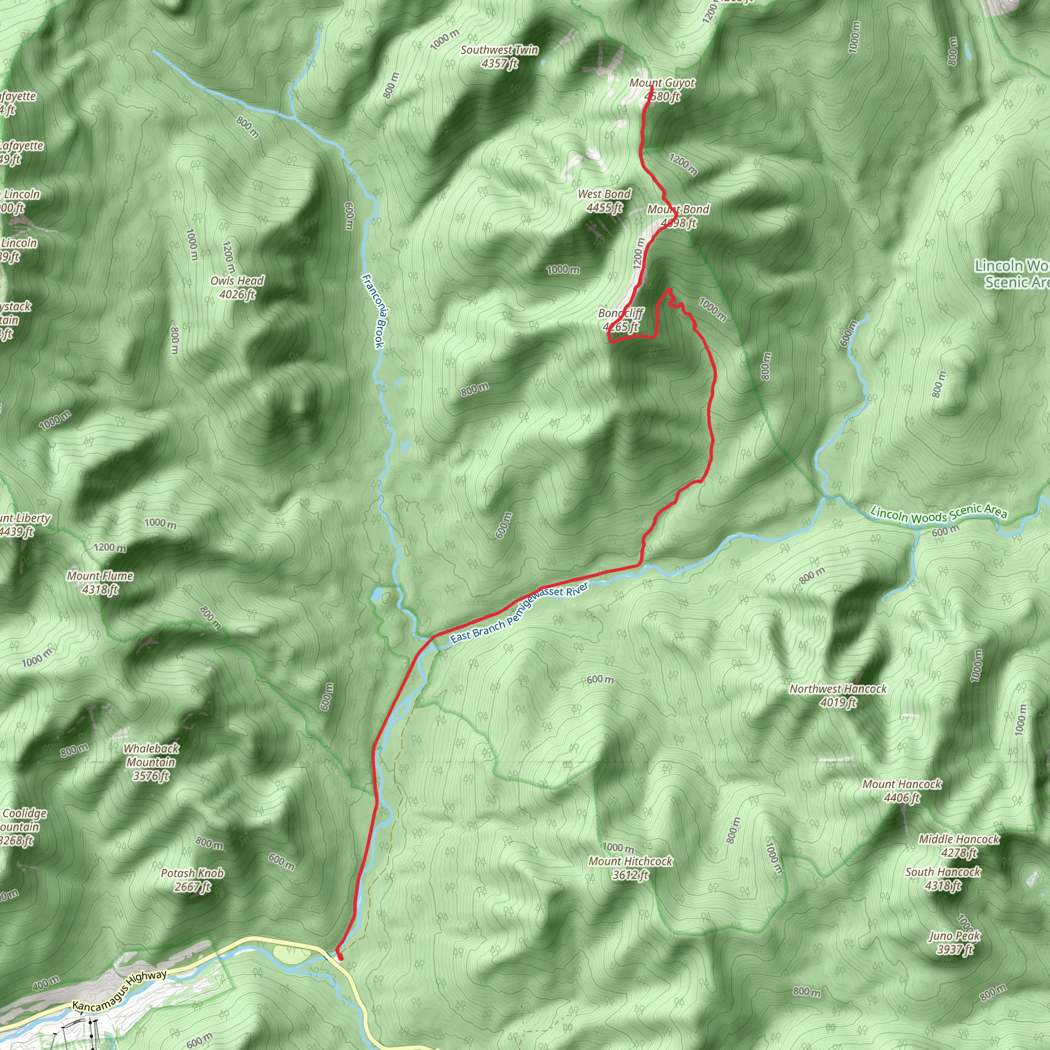 Bondcliff and Mount Guyot via Lincoln Woods Trail mobile static map