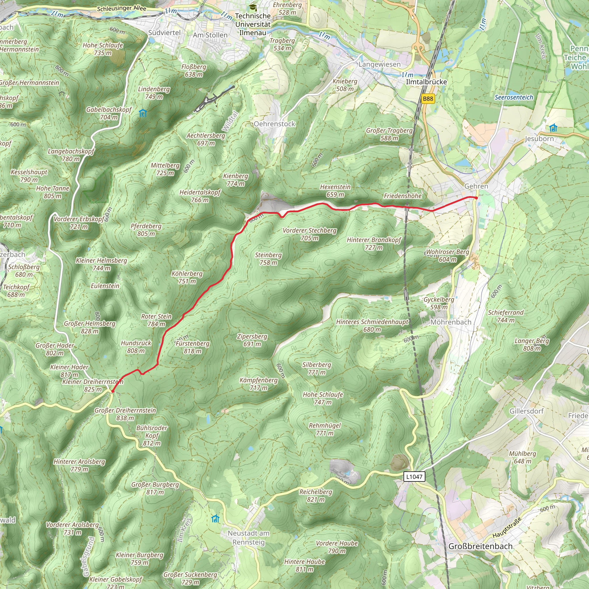 Gehren to Dreiherrenstein via Lutherweg Thueringen - Suedschlaufe mobile static map