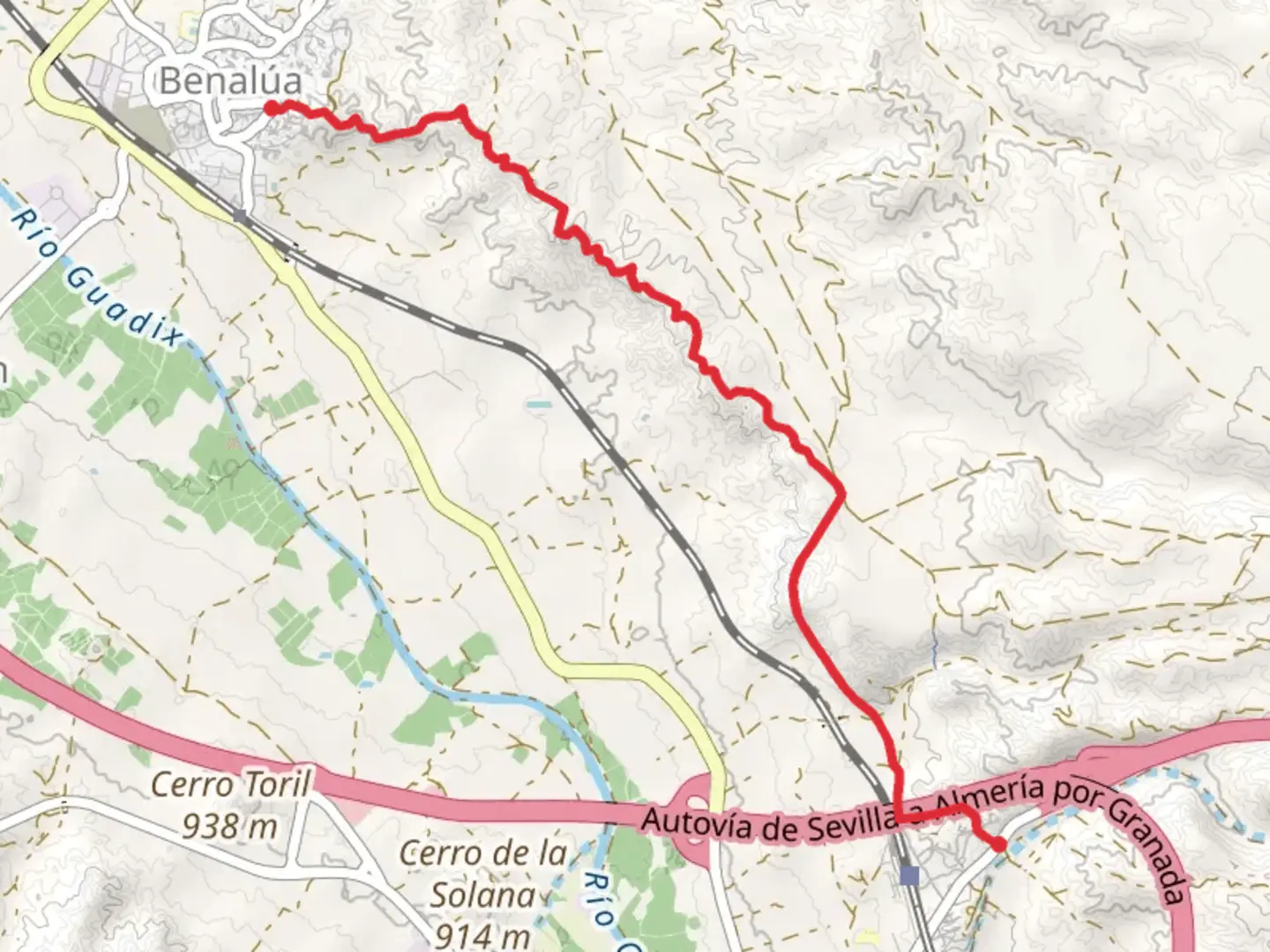 An image depicting the trail Benalua to Guadix and its surrounding area.