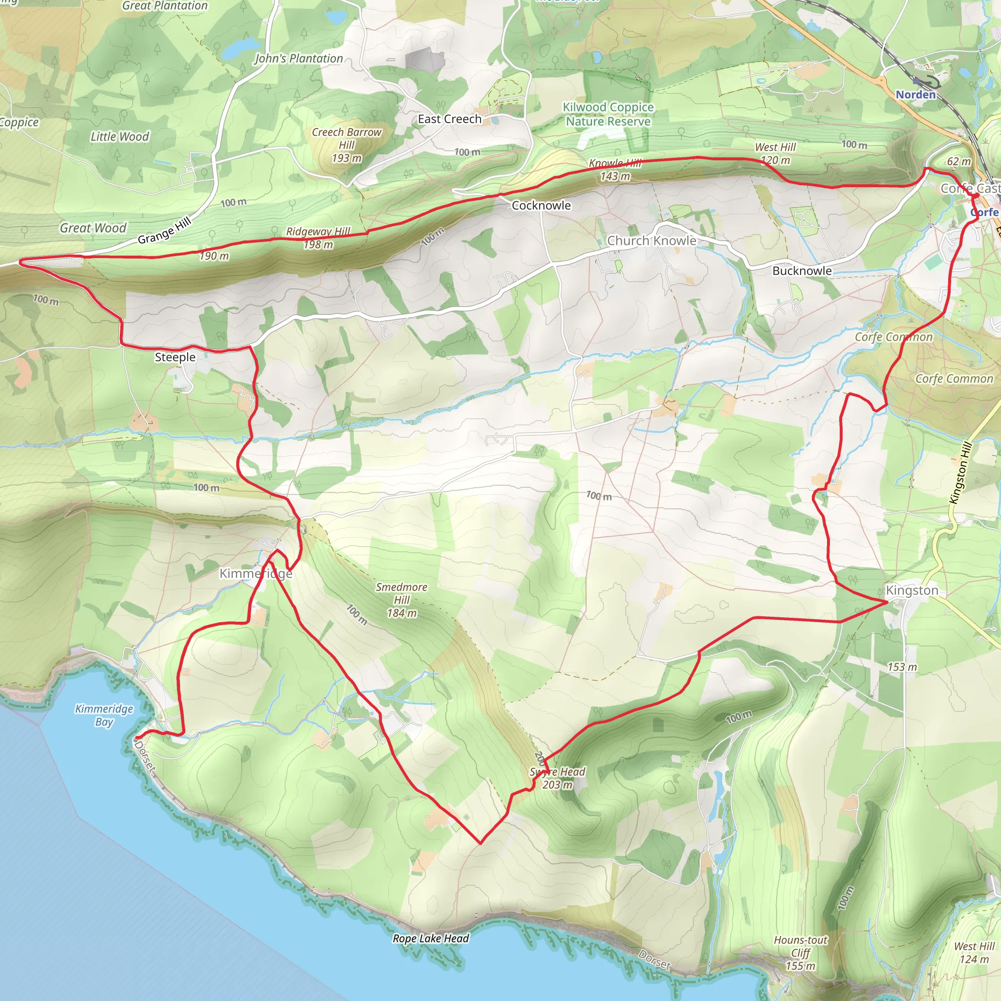 Corfe Castle, Kimmeridge and Kingston Loop via Clavell Tower mobile static map