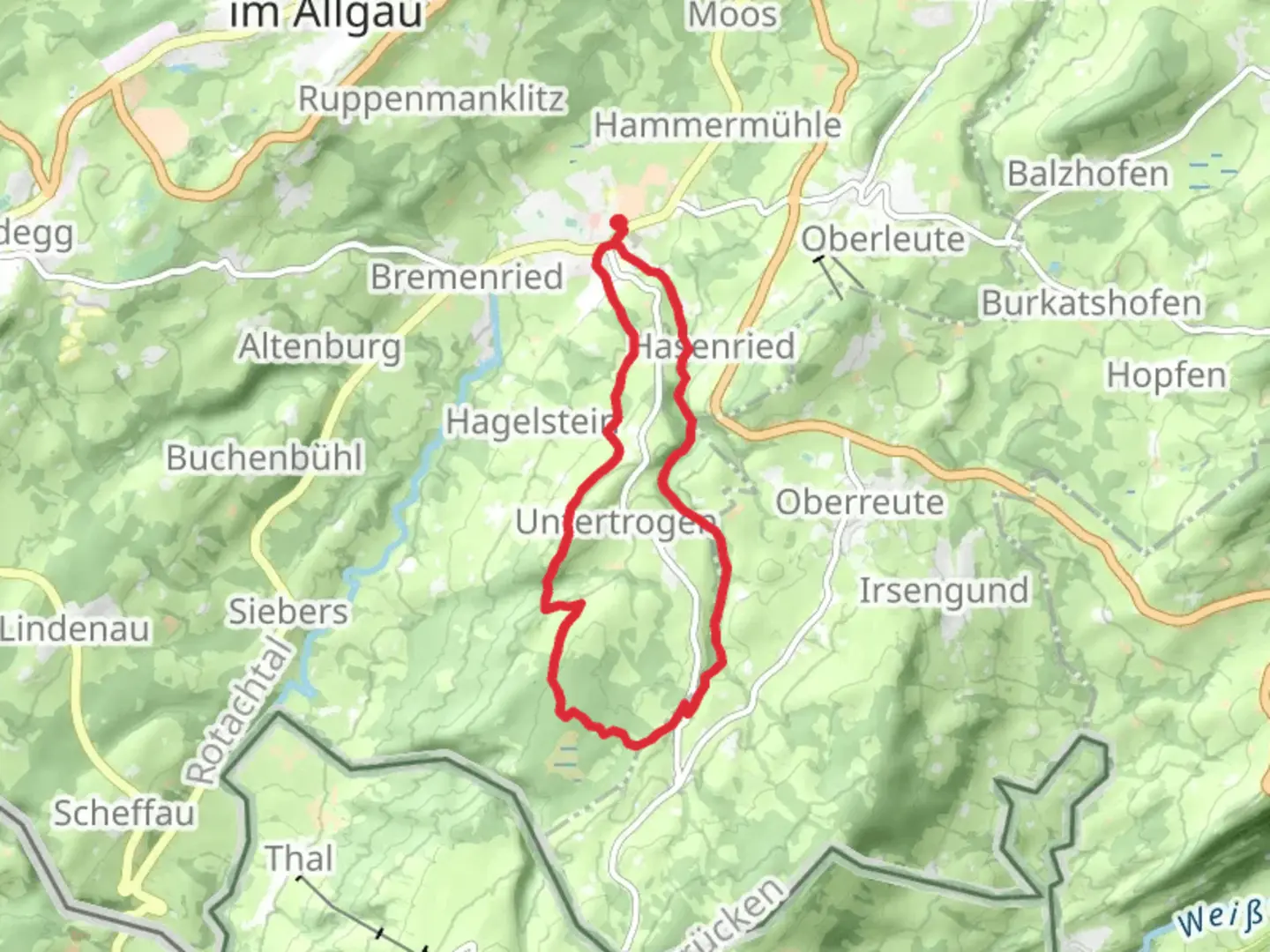 An image depicting the trail Weiler im Allgäu to Schnellers Loop via Trogener and its surrounding area.