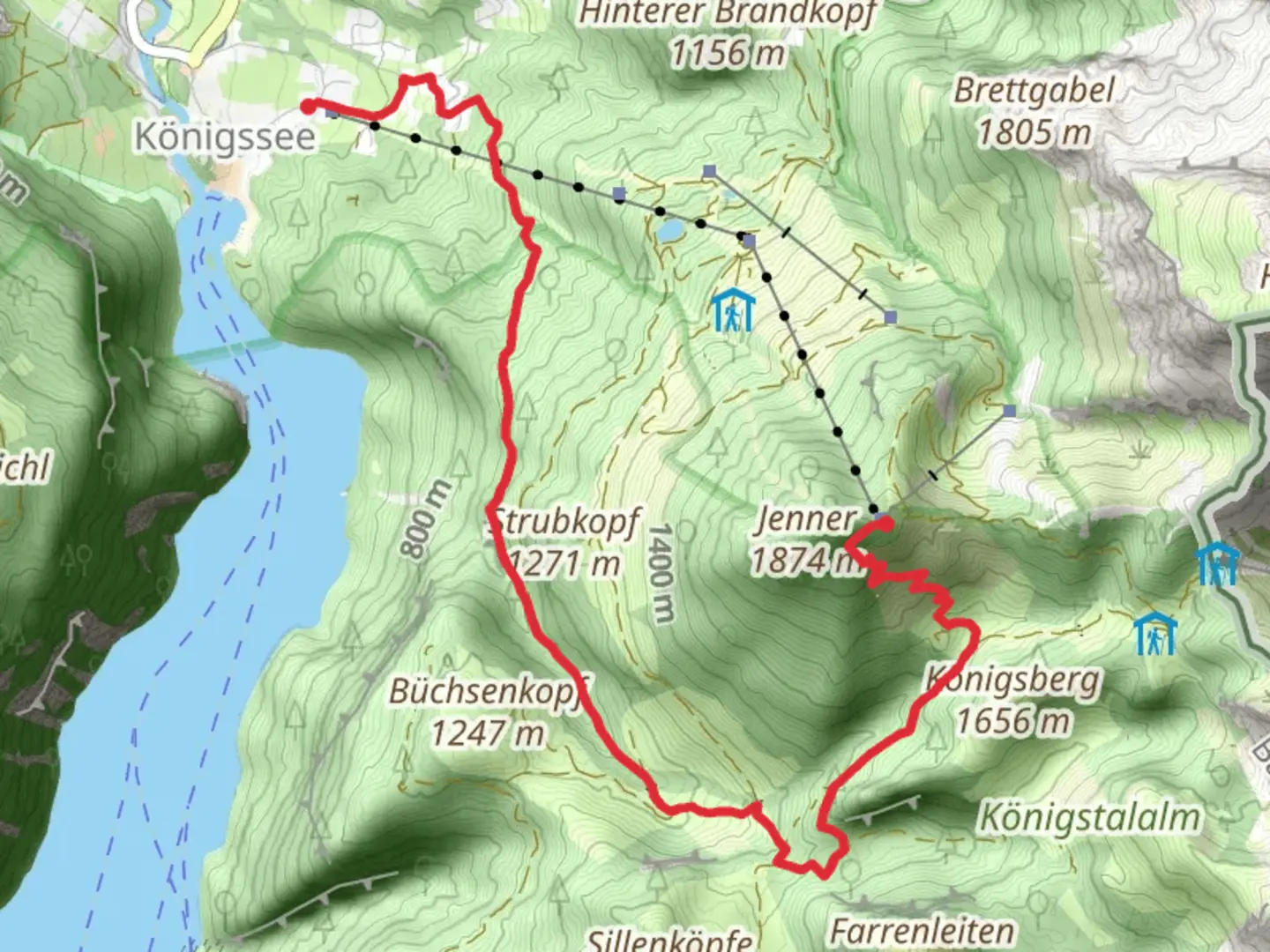 An image depicting the trail Königssee to Jennerbahn Bergstation Walk via Arnoweg and its surrounding area.