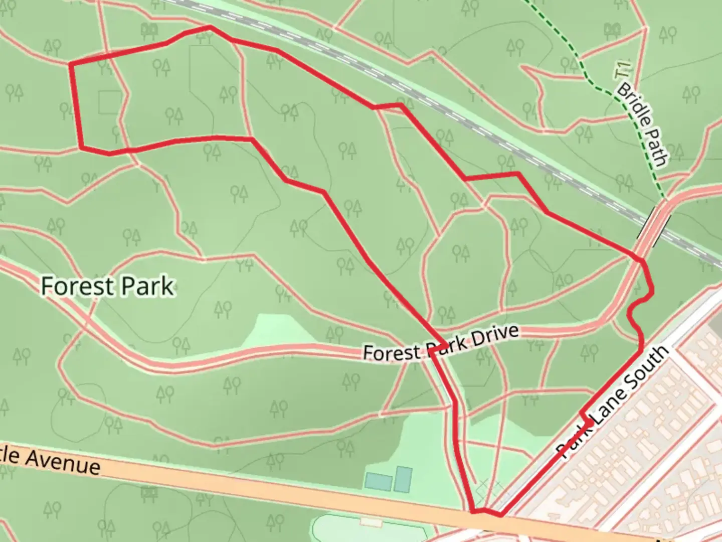 An image depicting the trail Forest Park Loop and its surrounding area.