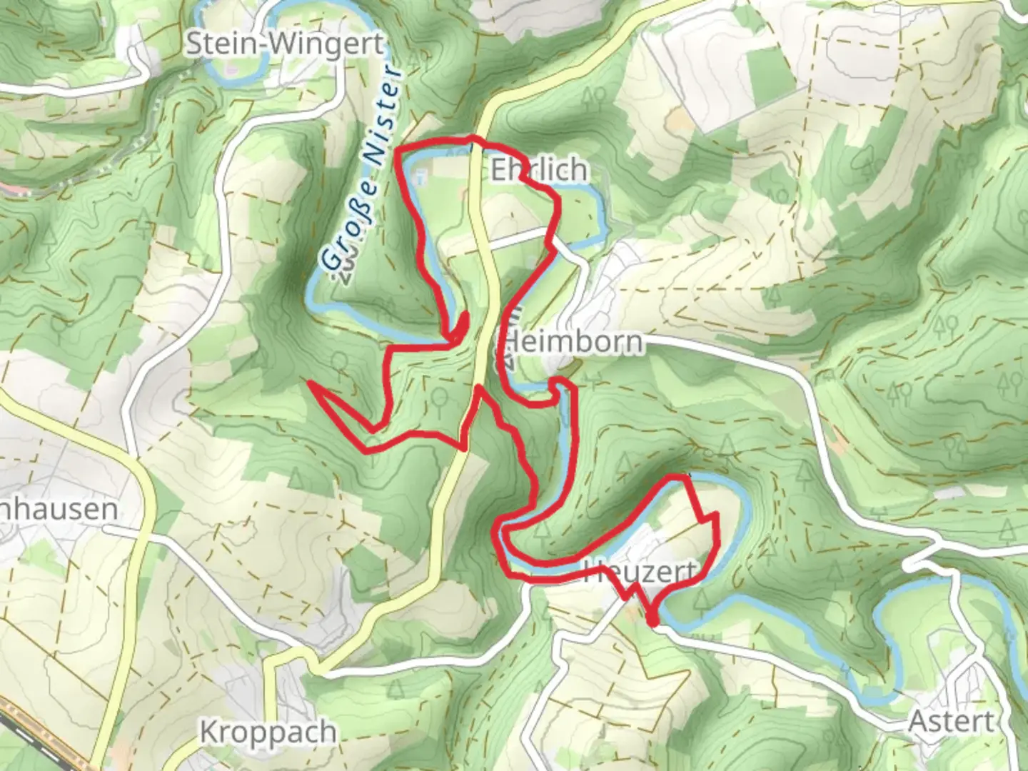An image depicting the trail Heuzert and Heimborn Loop via Krag and its surrounding area.
