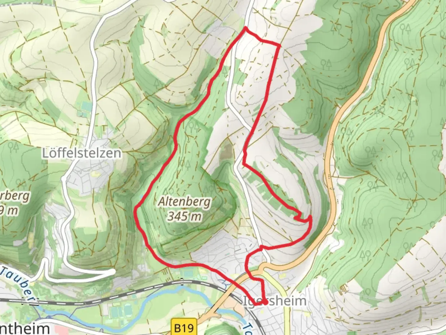An image depicting the trail Erlenbachtalstraße Loop and its surrounding area.