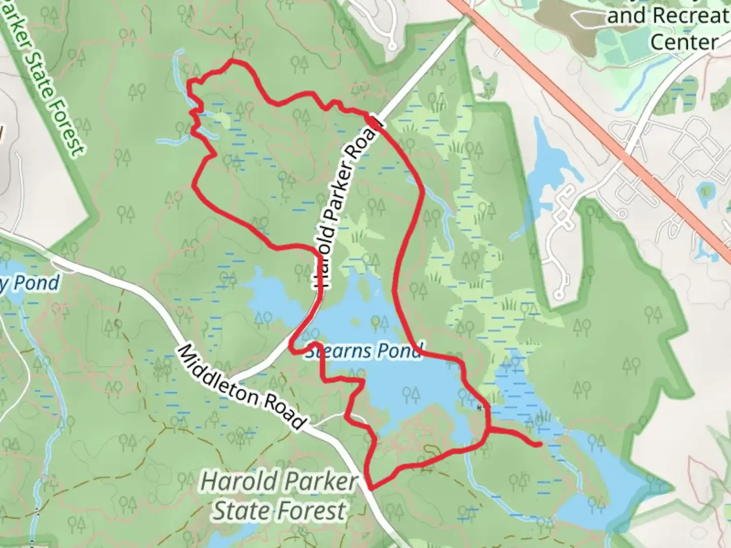 An image depicting the trail Stearns Pond Loop and its surrounding area.