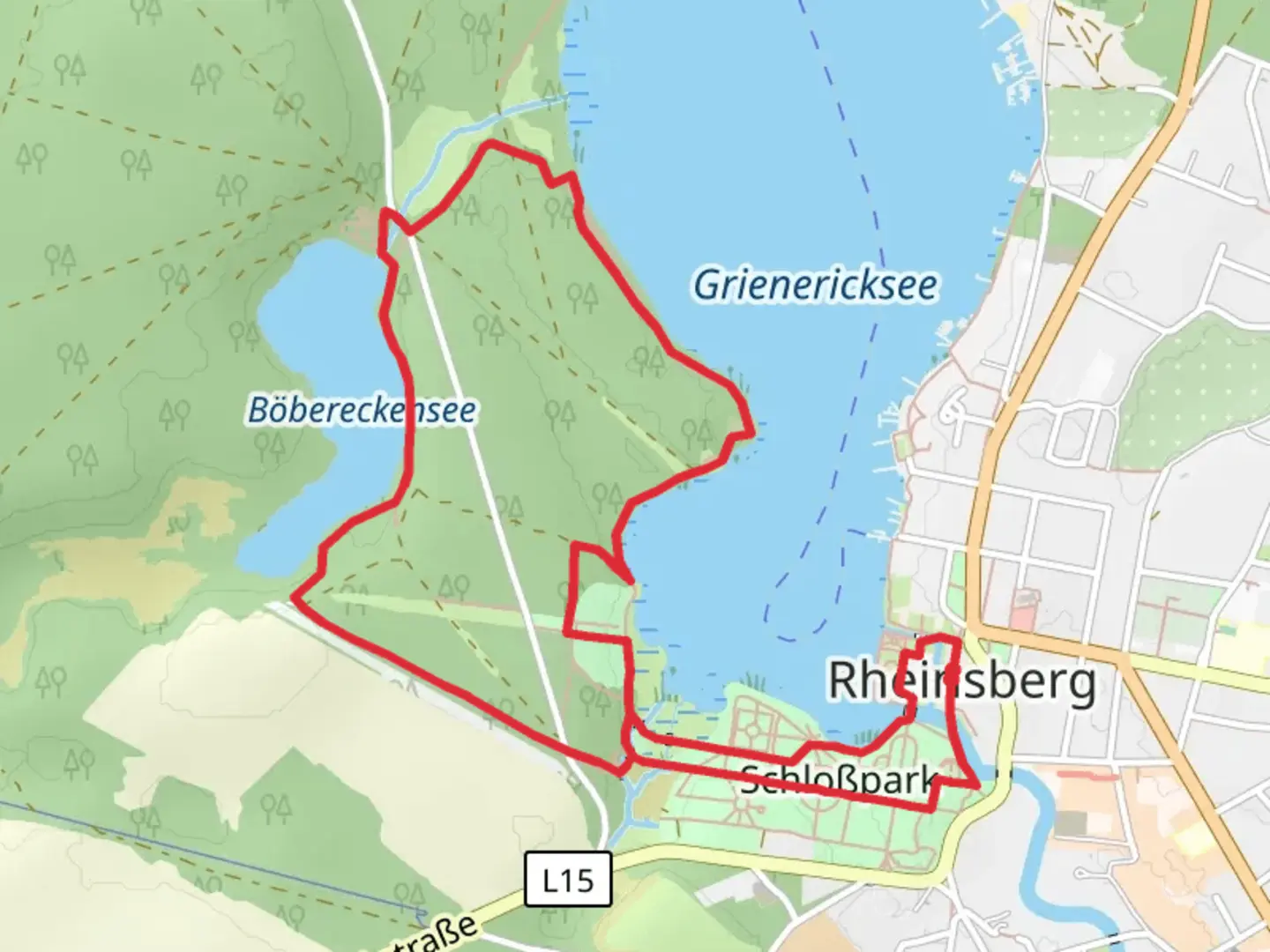 An image depicting the trail Grienericksee and Boebereckensee via Poetensteig and its surrounding area.
