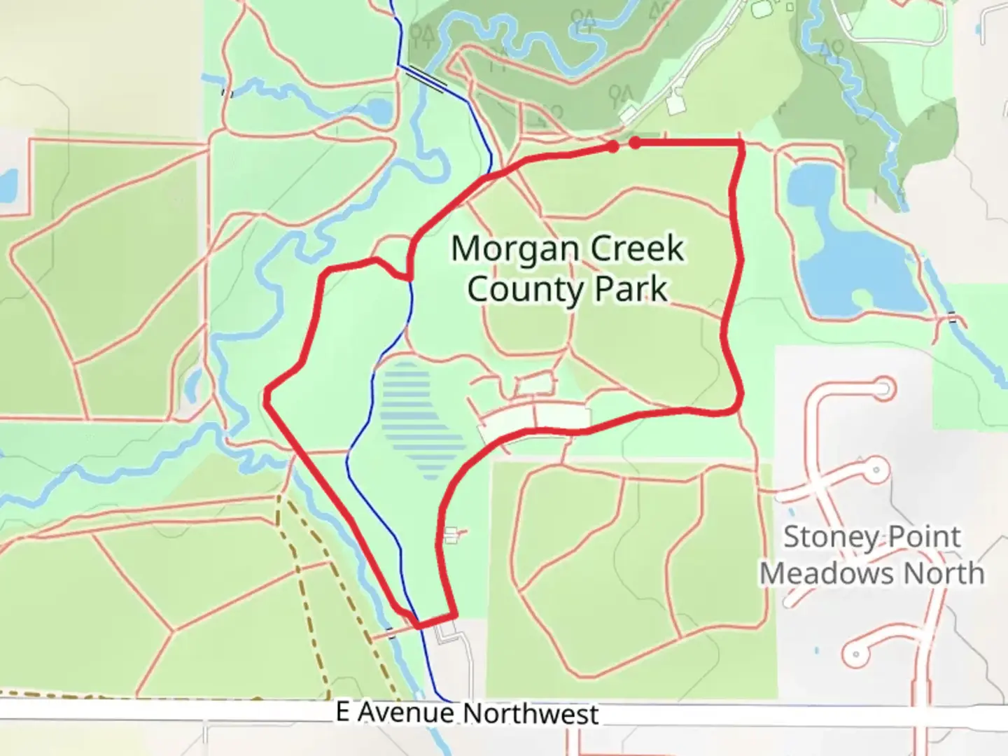 An image depicting the trail Morgan Creek Park Loop and its surrounding area.