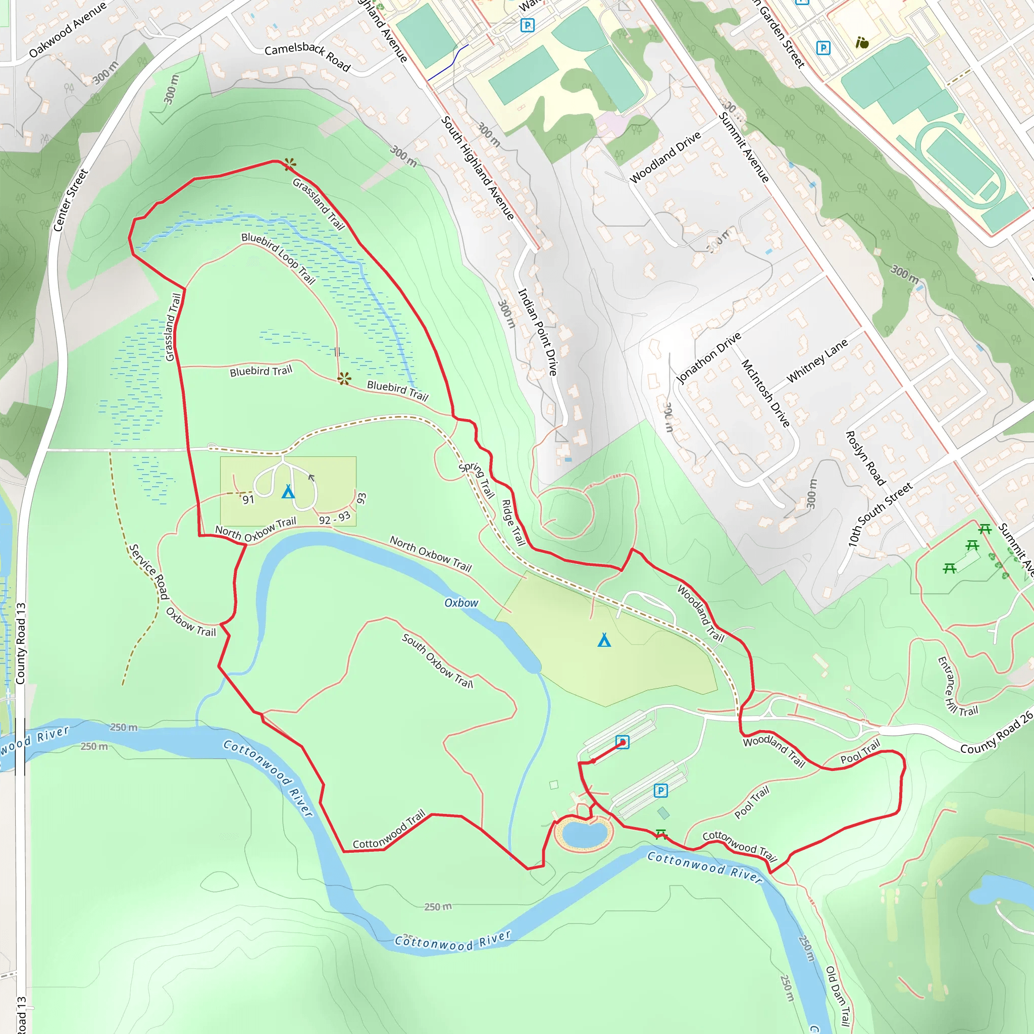 Cottonwood trail, Oxbow Trail and Woodland Trail Loop mobile static map