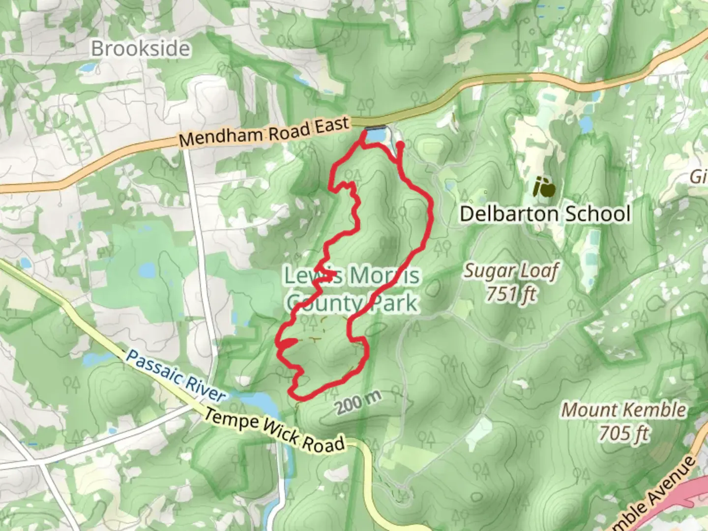 An image depicting the trail Yellow, Blue, Patriots' Path and Sunrise Lake Loop Trail and its surrounding area.