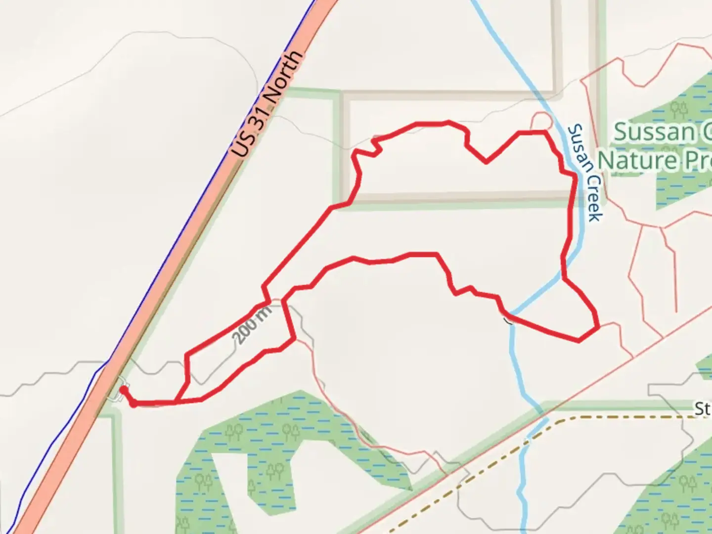 An image depicting the trail Little Traverse Bay Bands of Odawa reservation and Susan Creek Loop and its surrounding area.