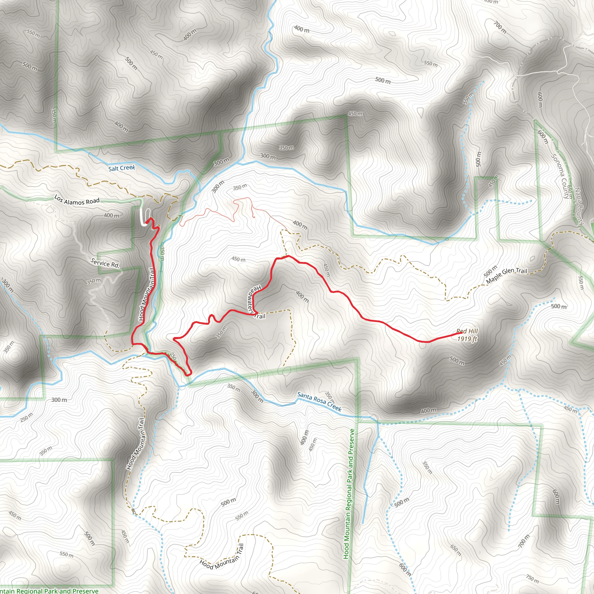 Red Hill via Headwaters Trail and Grandmother Oak Trail mobile static map