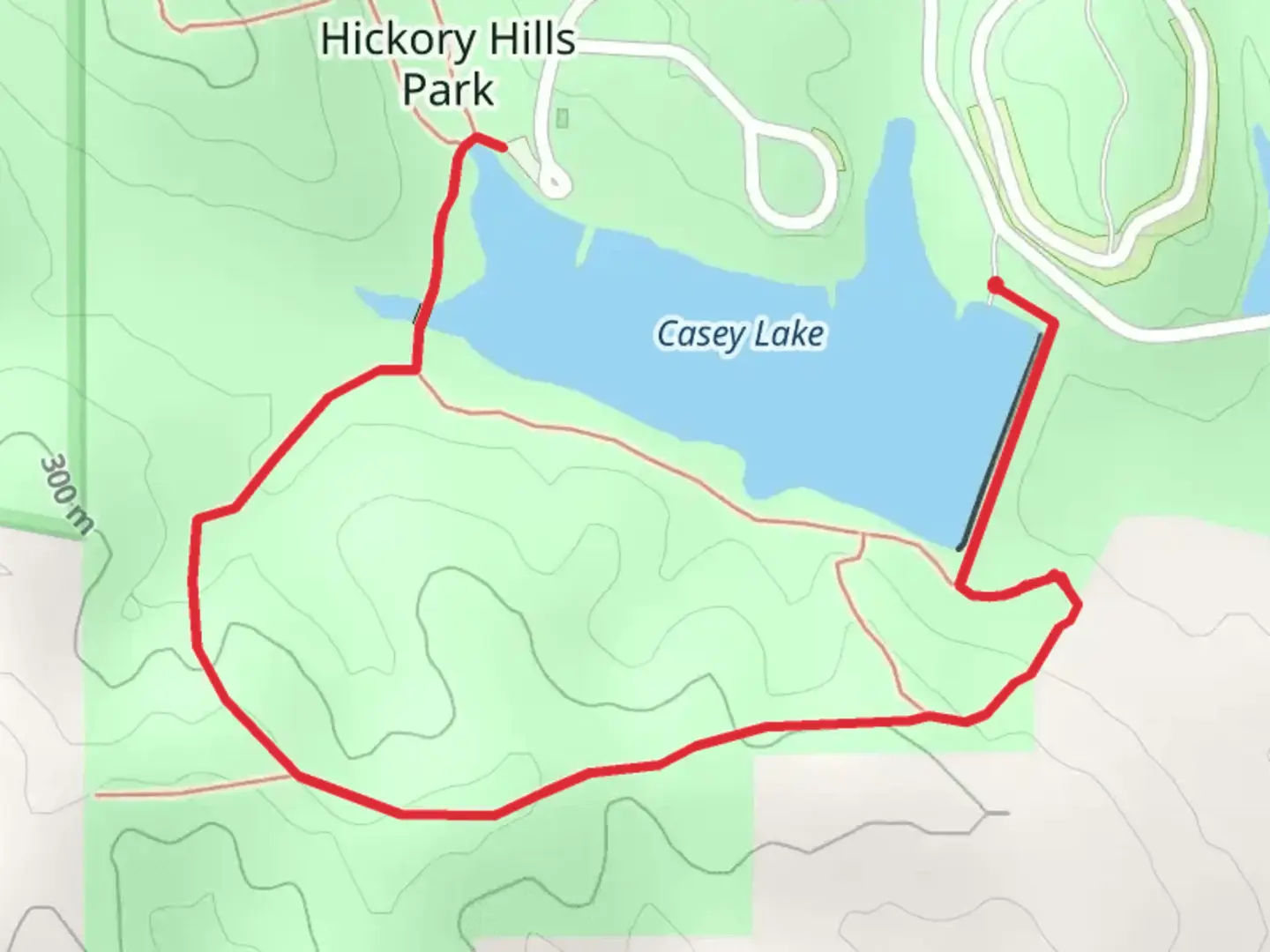 An image depicting the trail Casey Lake and Hickory Hills Park and its surrounding area.