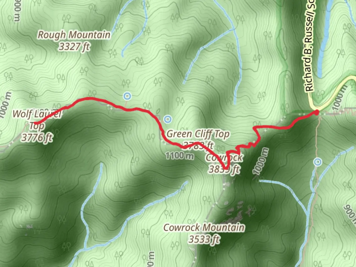 An image depicting the trail Wolf Laurel Top and Green Cliff Top via Appalachian Trail and its surrounding area.