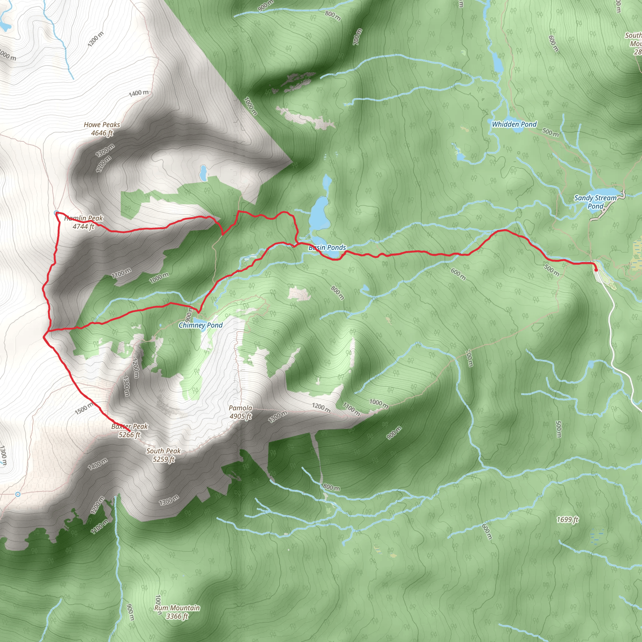 Hamlin Peak and Mount Katahdin via Chimney Pond Trail mobile static map