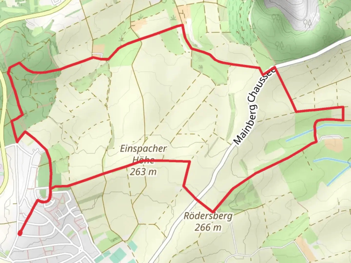 An image depicting the trail Einspacher Hoehe via Ortsrundwanderweg Ober-Ramstadt and its surrounding area.