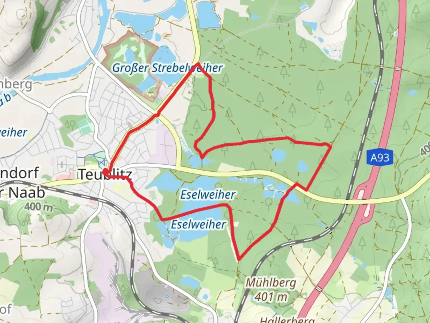 An image depicting the trail Eselweiher Runde - Blaue 12 and its surrounding area.