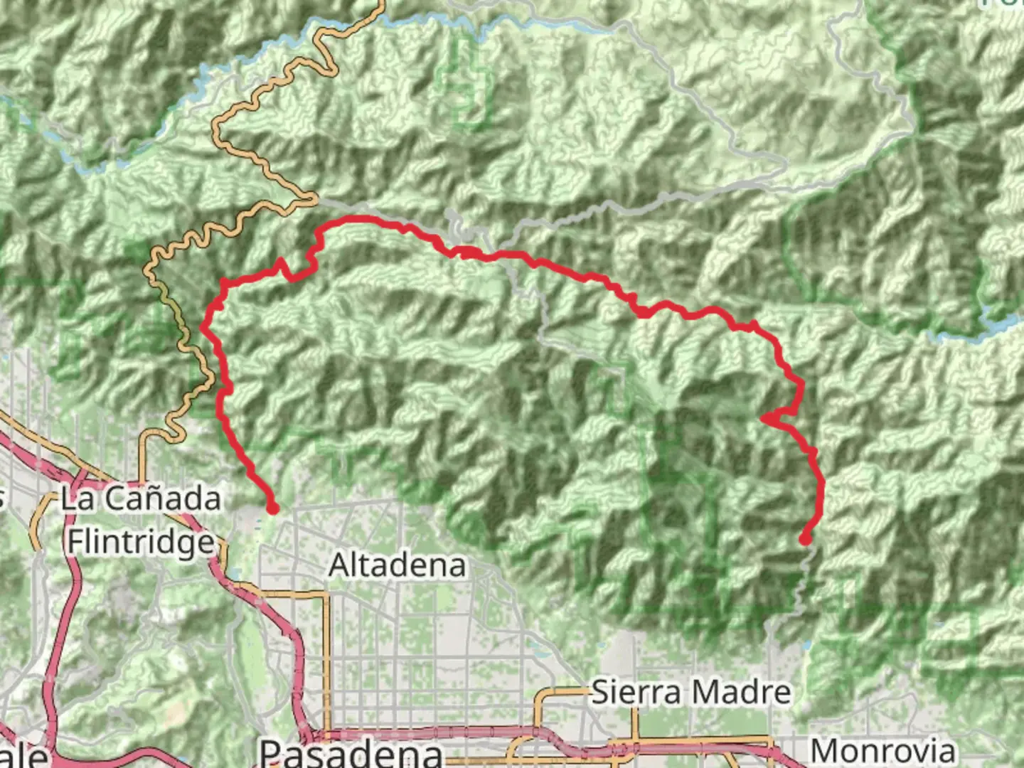 An image depicting the trail Gabrielino Trail from Santa Anita Canyon Avenue and its surrounding area.