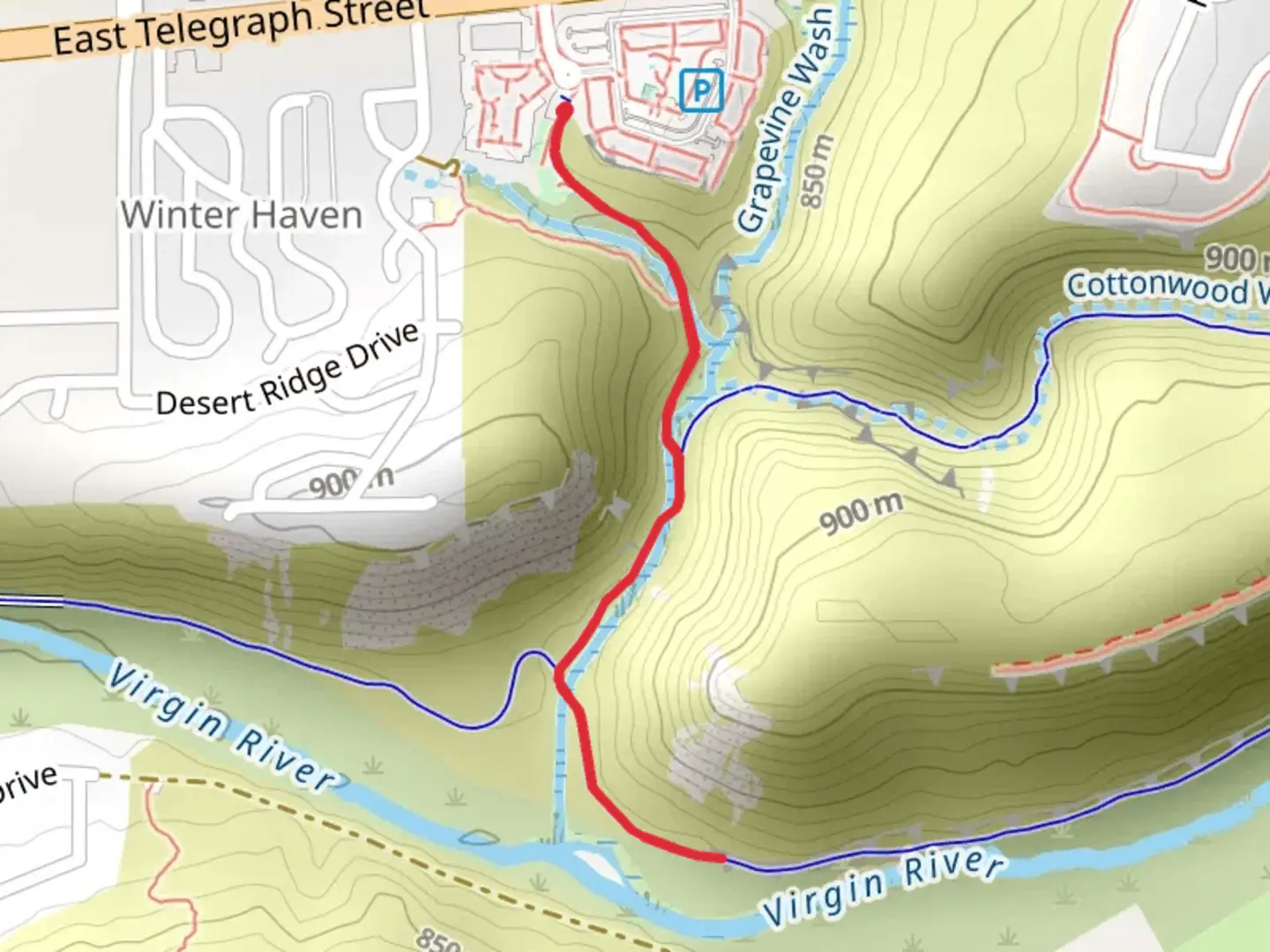 An image depicting the trail Hell Hole Trail and Virgin River Trail and its surrounding area.