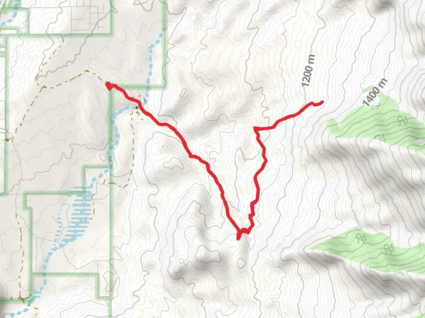 An image depicting the trail Iron Spring via Baby Jesus Trail and its surrounding area.