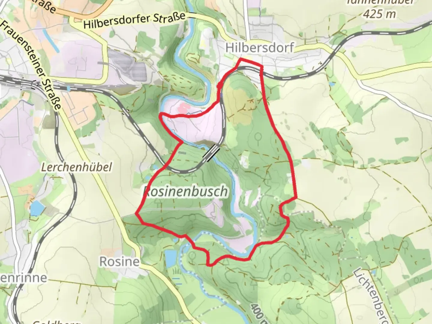 An image depicting the trail Muldenhütten and Rosinenhäuschen Loop and its surrounding area.