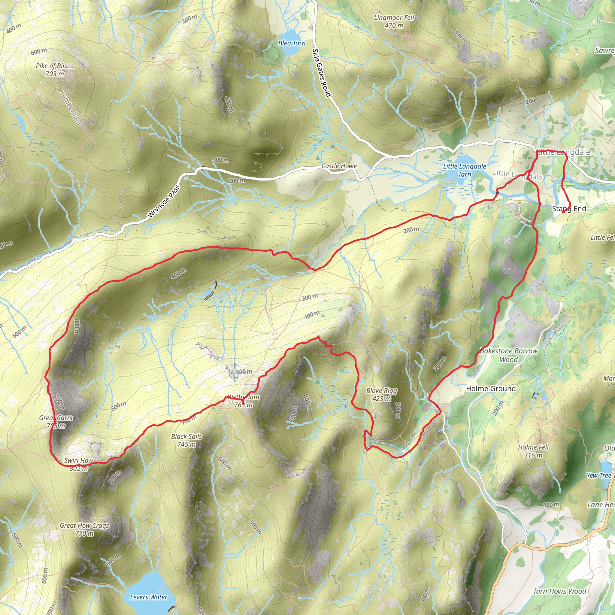 Tilberthwaite Gill Waterfall, Wetherlam, Great Carrs and Little Langdale Tarn Loop - Stang End mobile static map
