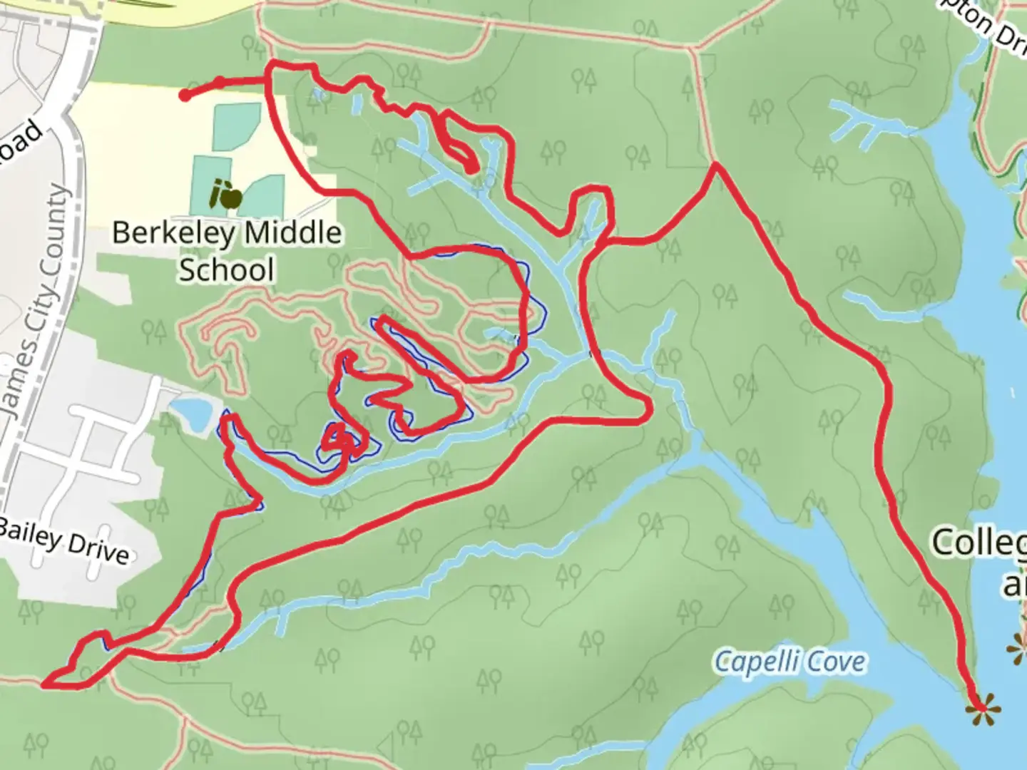 An image depicting the trail New, Peninsula and Matoaka Woods Loop Trail and its surrounding area.
