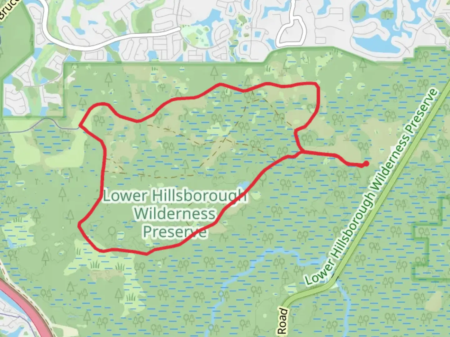 An image depicting the trail Flatwoods Park Loop and its surrounding area.
