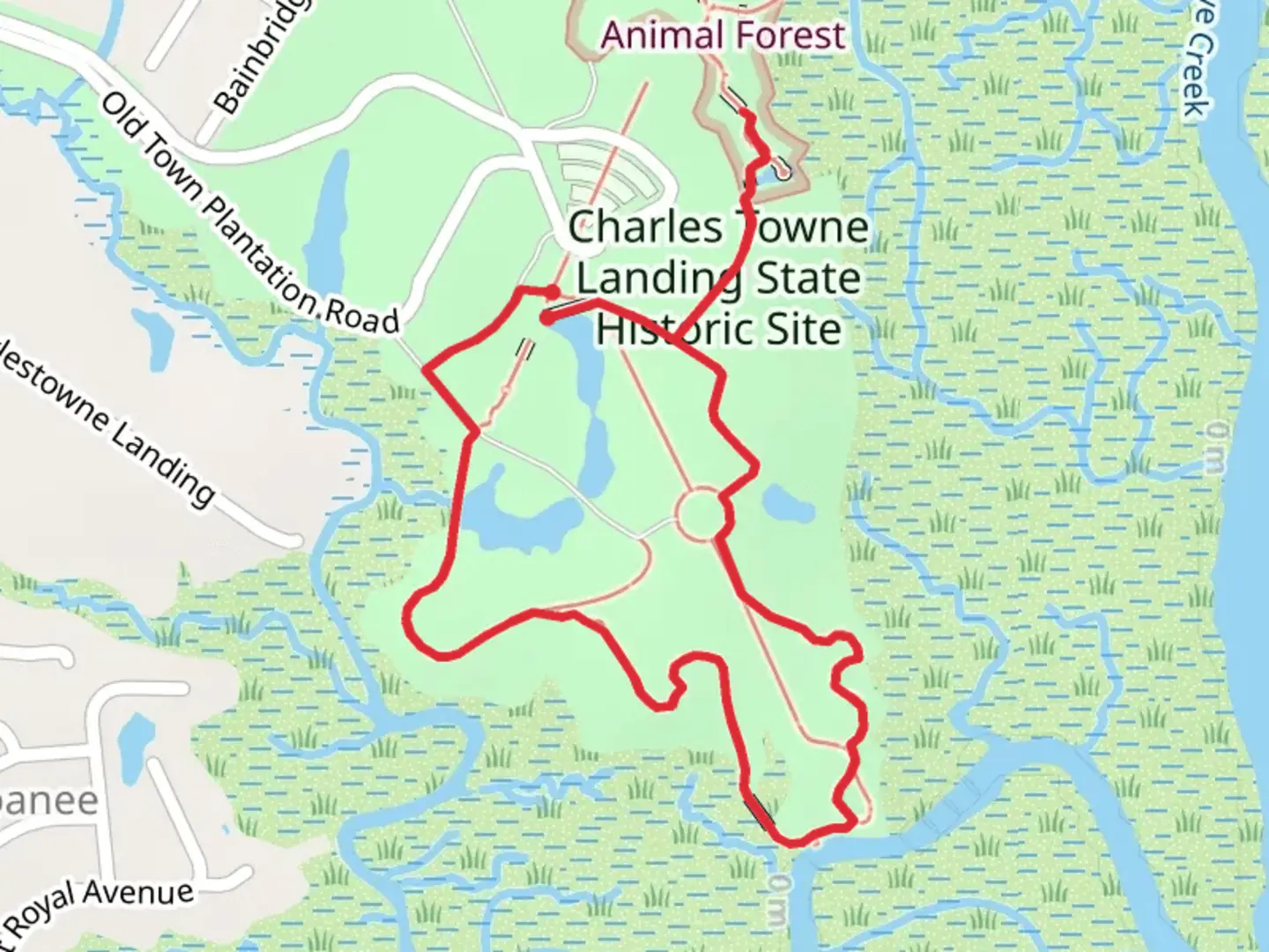 An image depicting the trail Charles Towne Landing State Historic Site Loop and its surrounding area.