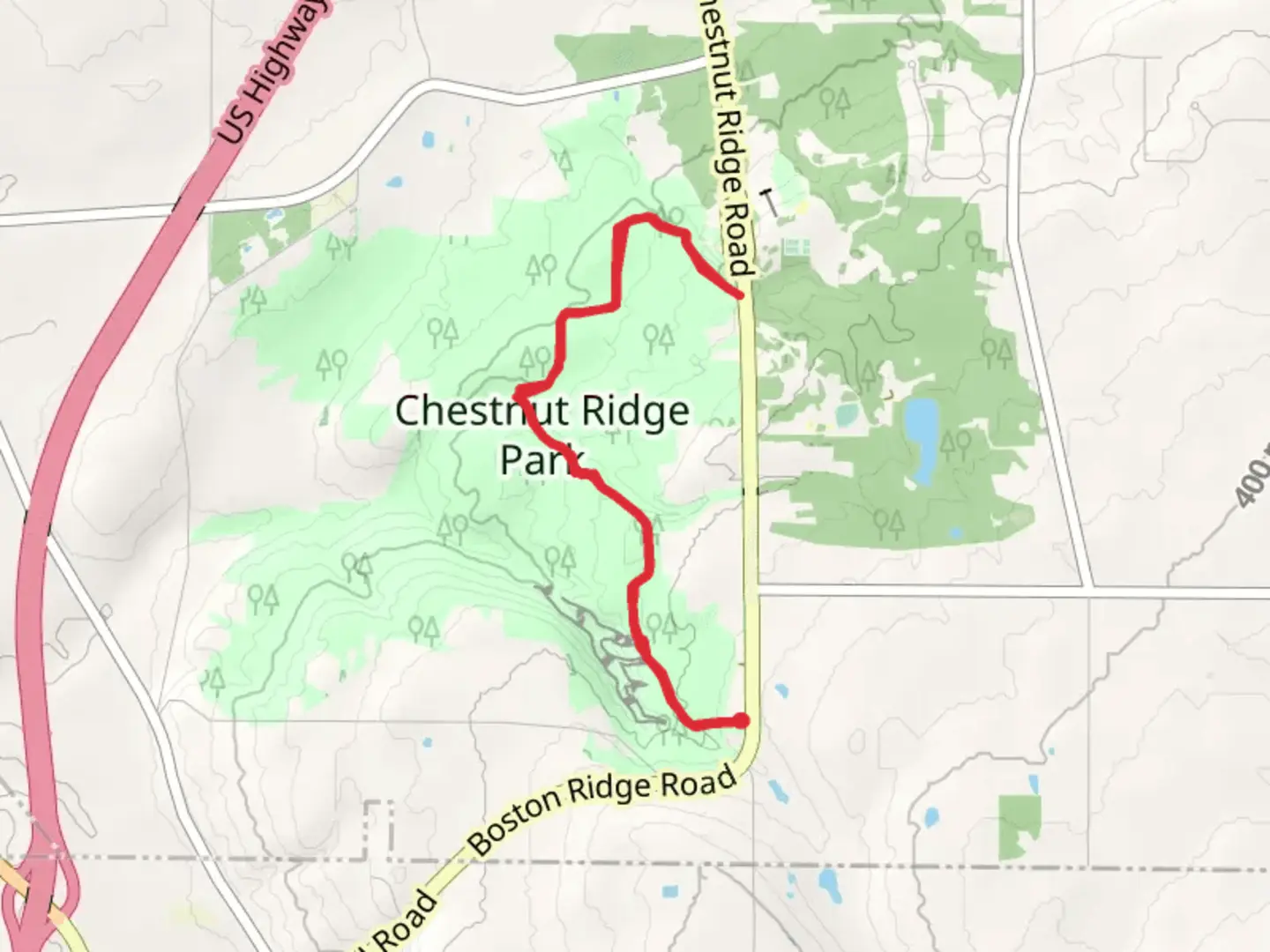 An image depicting the trail Chestnut Ridge Park via Boy Scout Trail and its surrounding area.