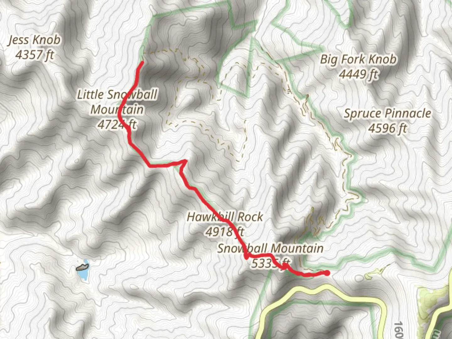 An image depicting the trail Snowball Mountain, Hawkbill Rock and Little Snowball Mountain via Snowball Trail and its surrounding area.