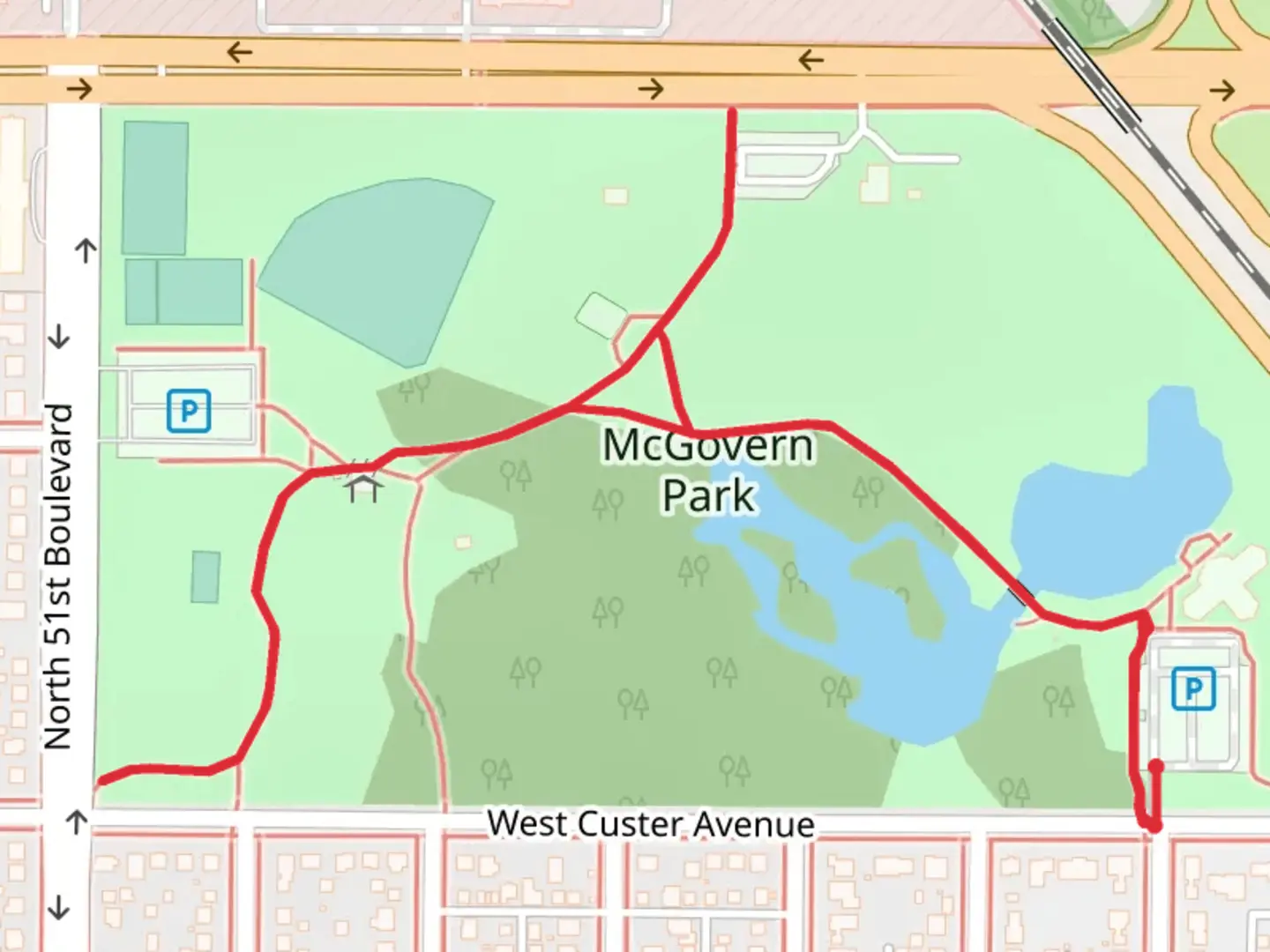 An image depicting the trail McGovern Park Walk and its surrounding area.