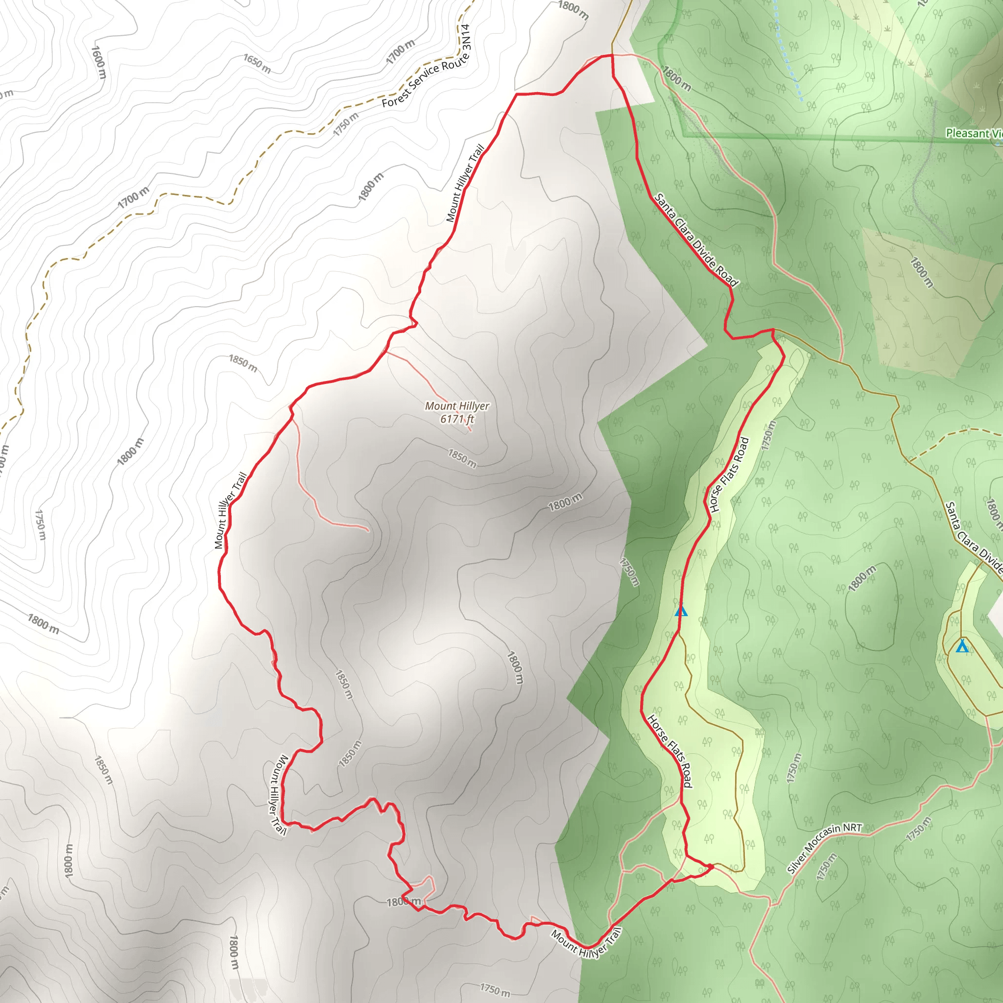 Mt Hillyer Trail from Horse Flats Campground mobile static map