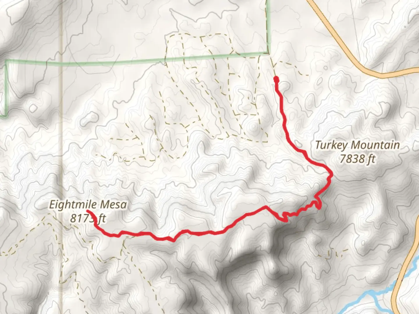 An image depicting the trail Eightmile Mesa via Eight Mile Mesa Road and its surrounding area.