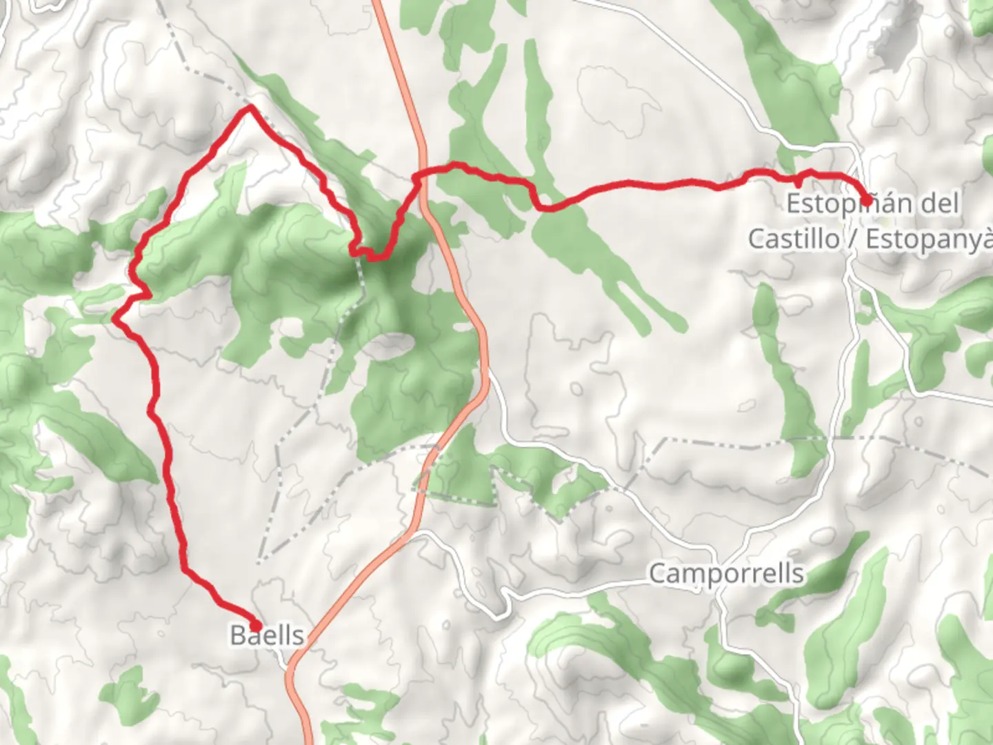 An image depicting the trail Baells - Estopiñán del Castillo PR HU 113 and its surrounding area.